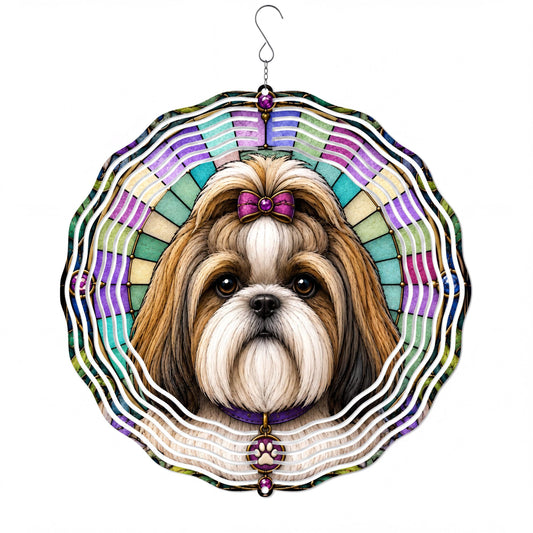 Shih Tzu Wind Spinner Faux Stained Glass Dog Garden Decor Aluminum Hanging Gift