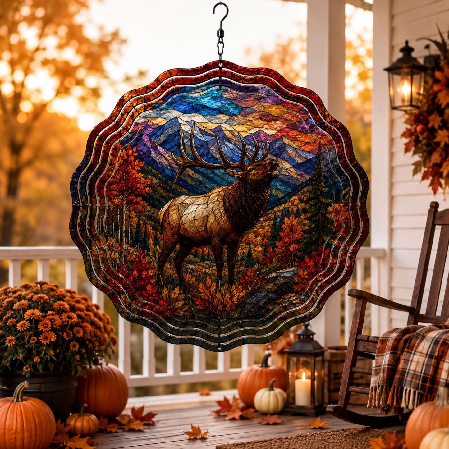 Elk Faux Stained Glass Wind Spinner Fall Mountain Wildlife Garden Decor