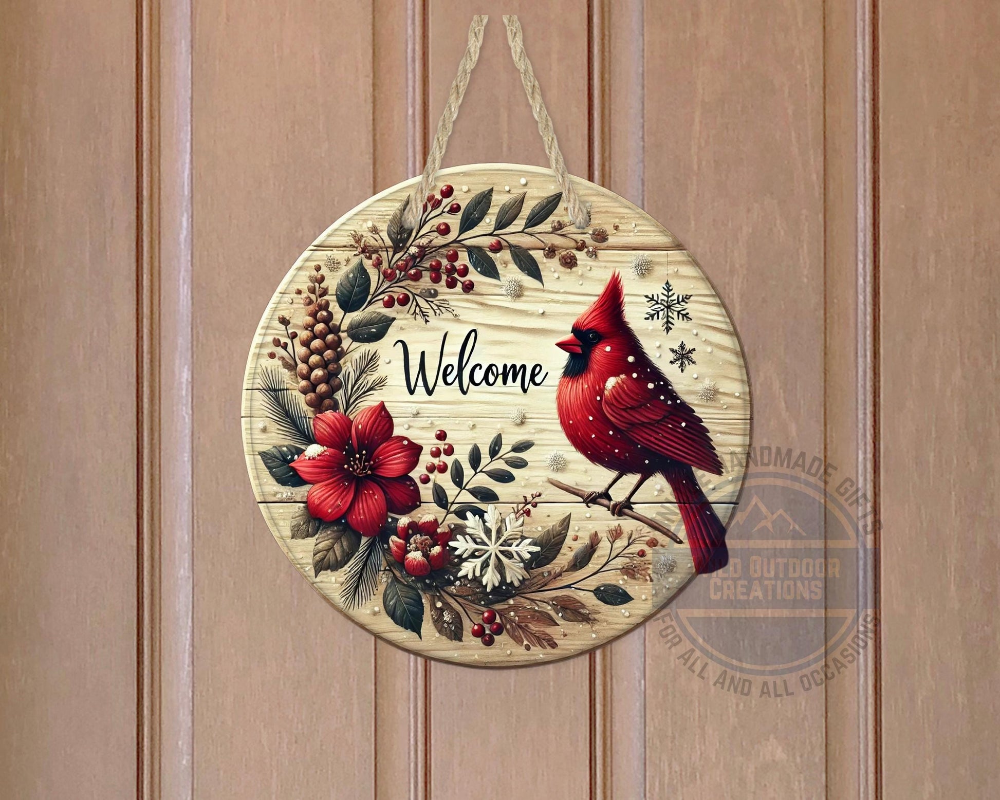 Cardinal Door Hanger - Winter Floral Wreath | Lightweight Aluminum Holiday Porch Sign - product dimensions and specifications
