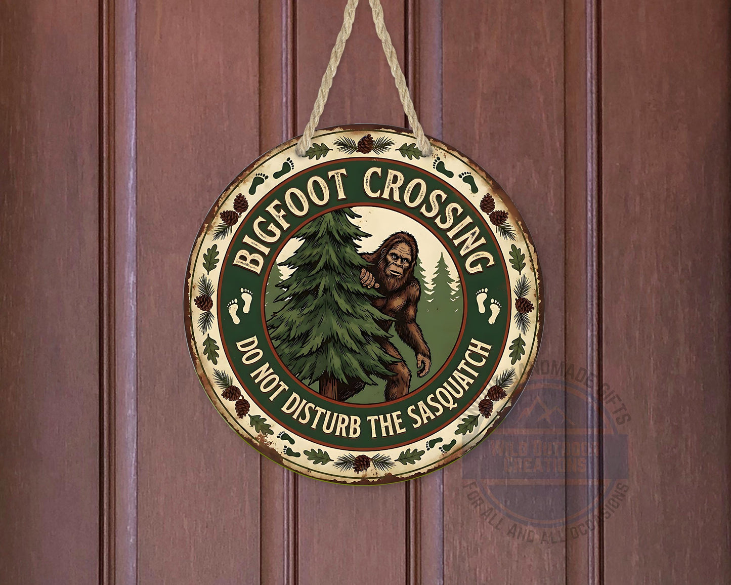 Bigfoot Crossing Sign - Rustic Cabin Decor | Weather Resistant Outdoor Porch Sign - displayed on front door