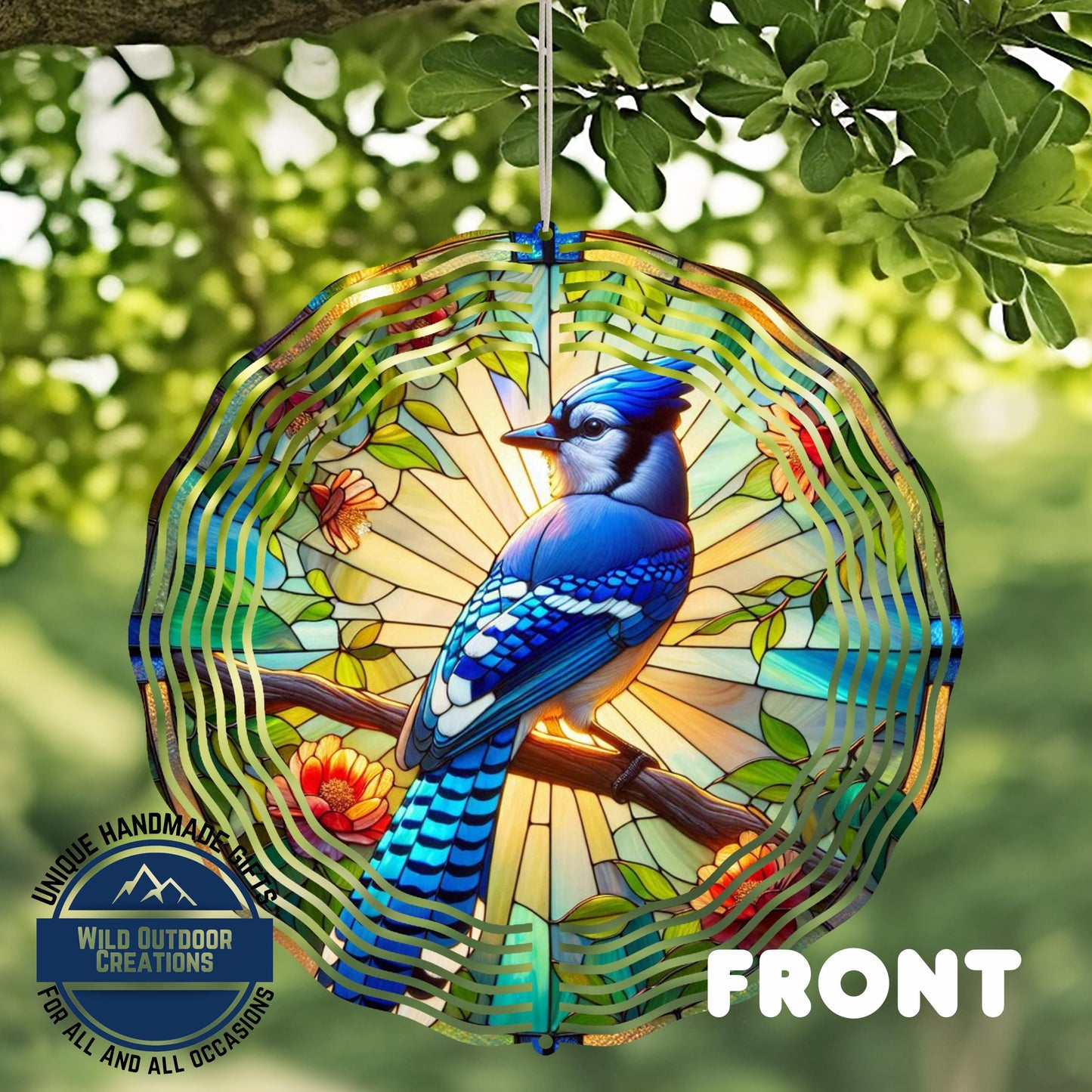 Blue Jay Wind Spinner – 10 Inch Aluminum Garden Spinner with Faux Stained Glass Decor - additional angle