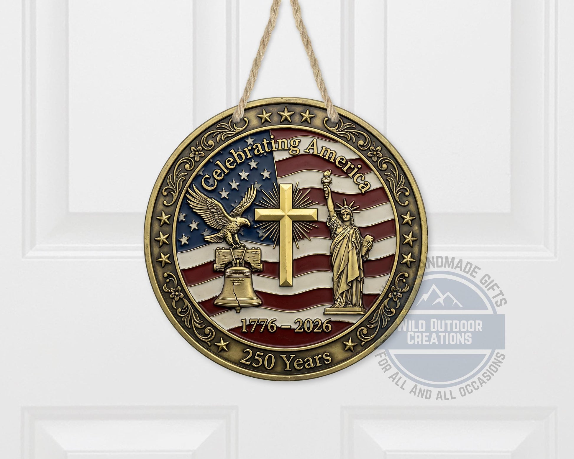 Patriotic Door Decor - America 250 Years Aluminum Door Sign 10" USA Hanger - packaging and presentation