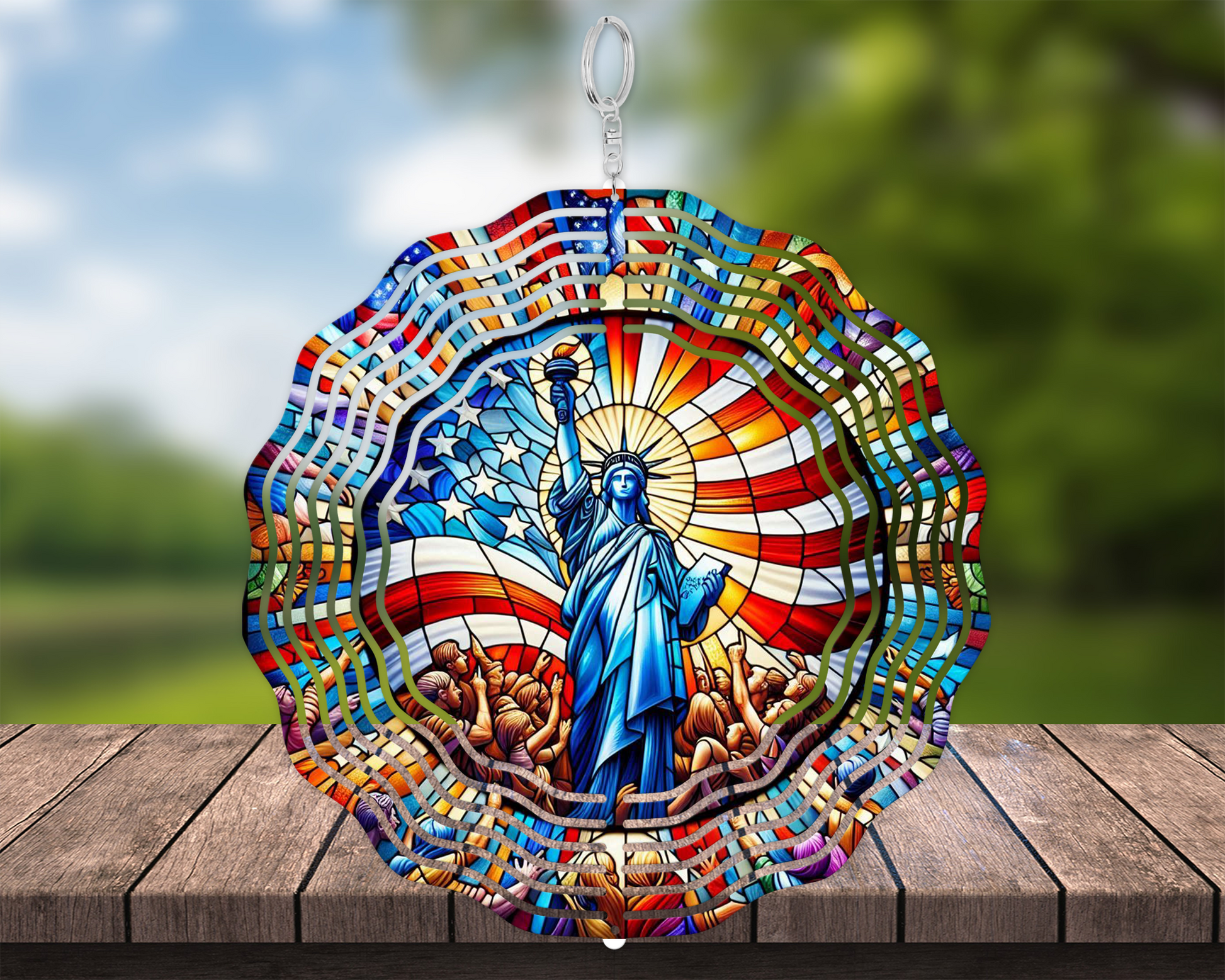 Handcrafted Statue of Liberty Wind Spinner with USA Flag Design