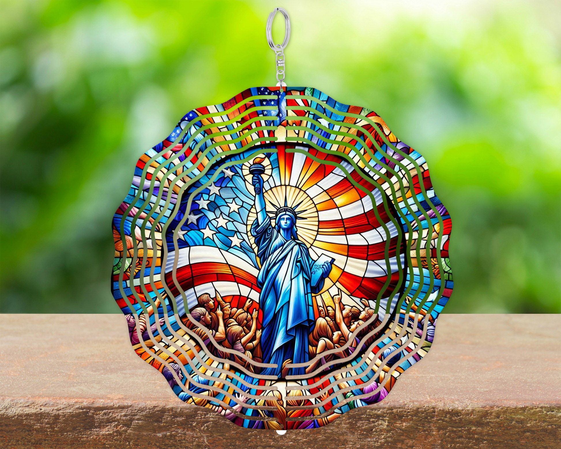 Colorful Faux Stained Glass 3D Spinner with Patriotic Liberty Statue