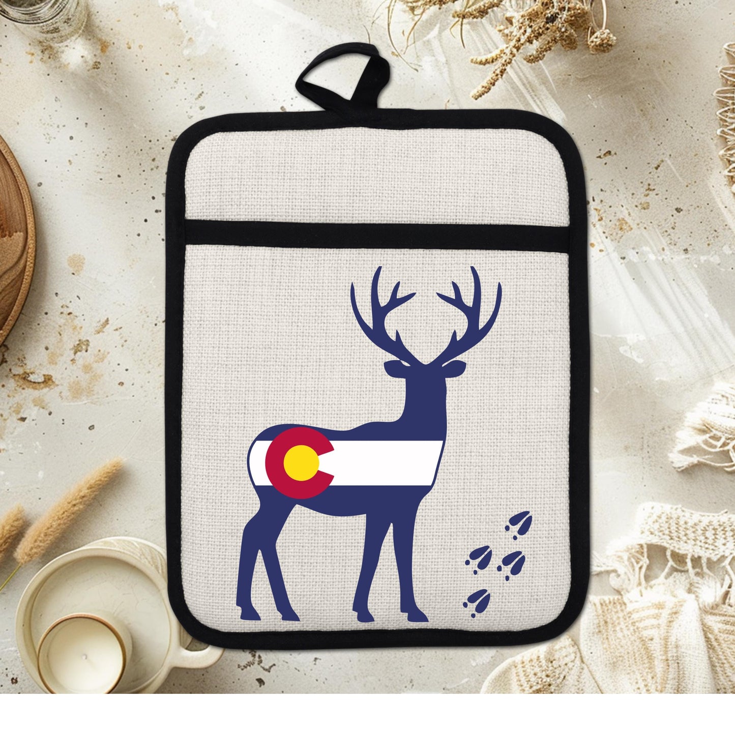 Colorado Deer Pot Holder - Linen Fabric, Silicone Back Trivet with Pocket Grip - scale and size reference