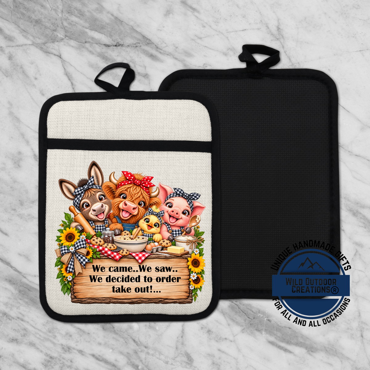 A kitchen pot holder with a cartoon illustration of three animals, including a cow, pig, and chicken, sitting around a table with a sign that says "We came. We saw. We decided to order take out...".