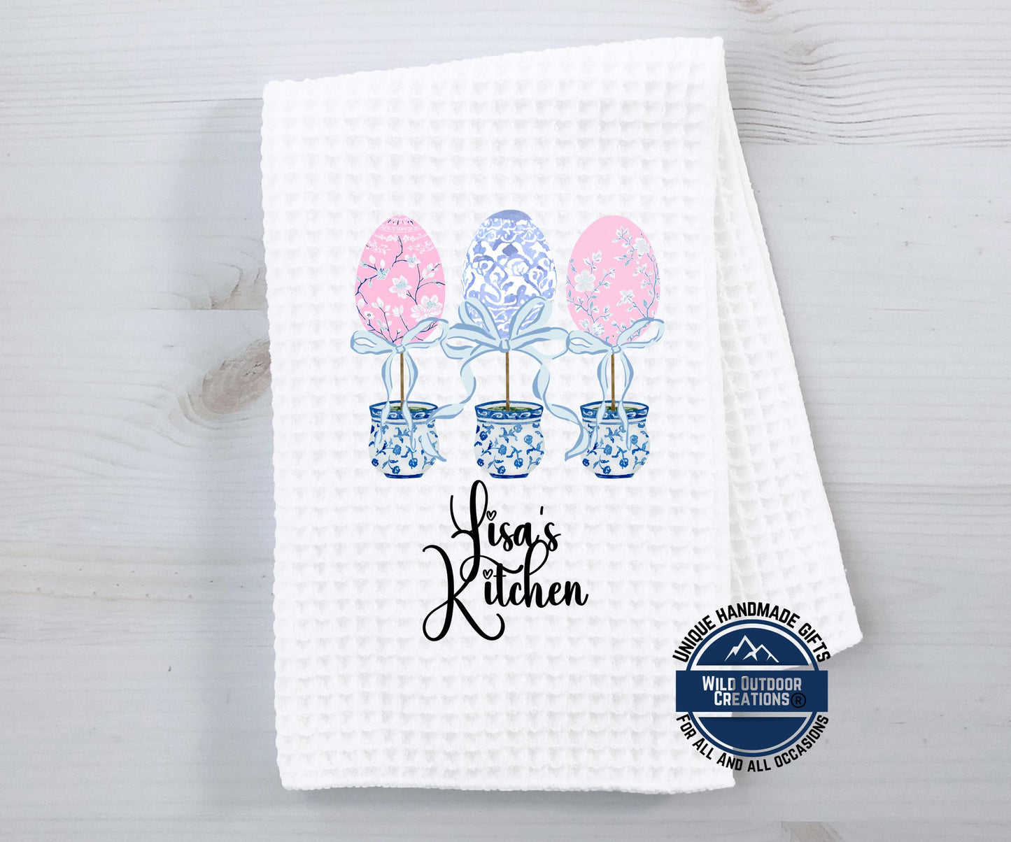 Personalized Kitchen Towel – Easter Egg Topiary Waffle Weave, Custom Name Gift - gift presentation view