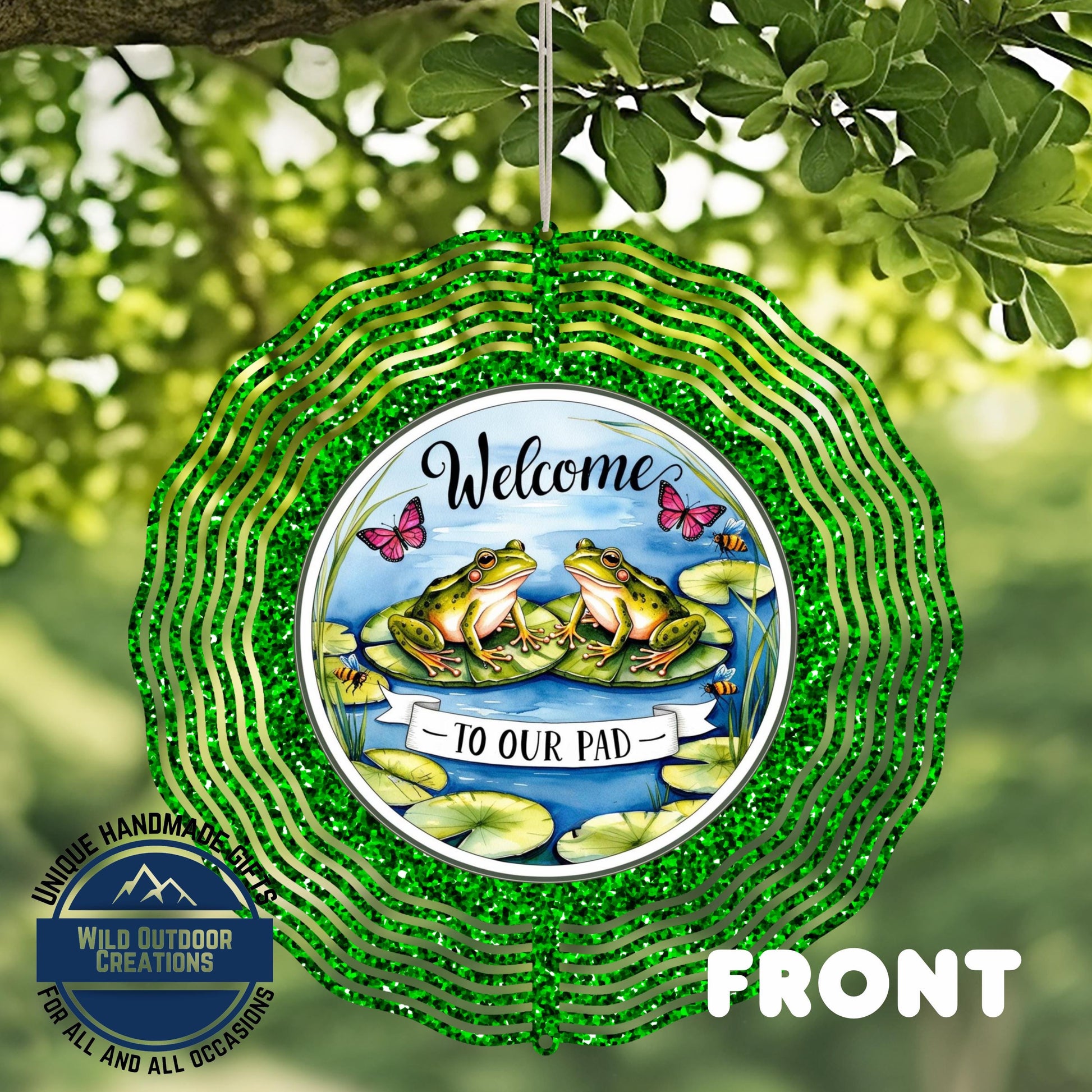 Frog Garden Spinner - Outdoor Garden Decor with Blue Green Glitter & UV Protection - additional angle