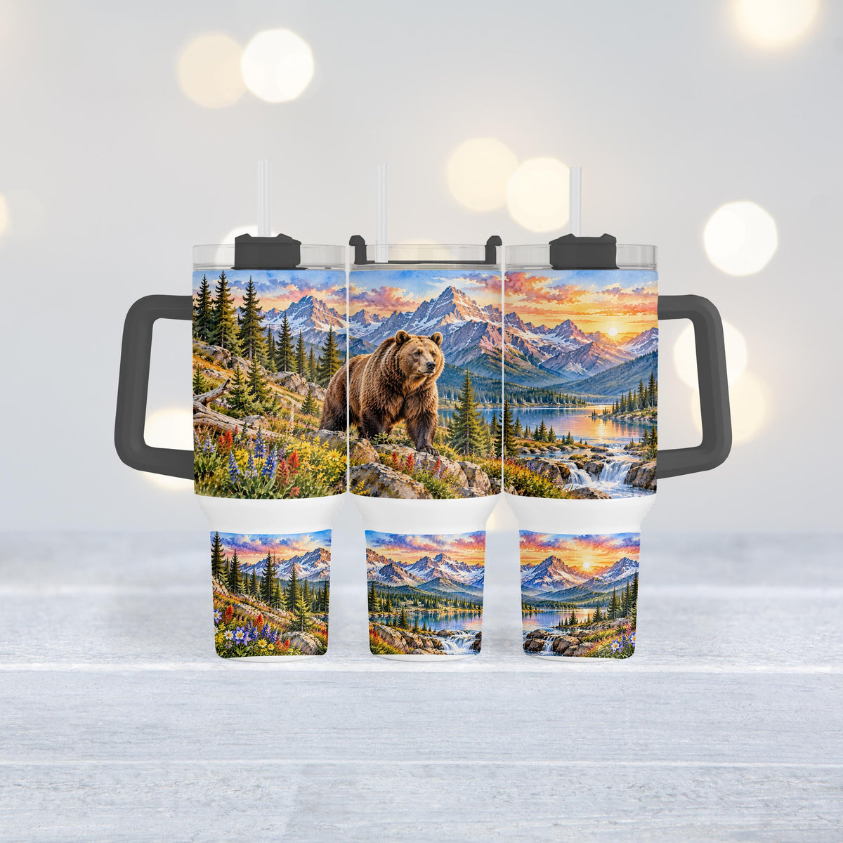 Grizzly Bear Tumbler, 40 Oz With Handle, Mountain Lake Wildlife