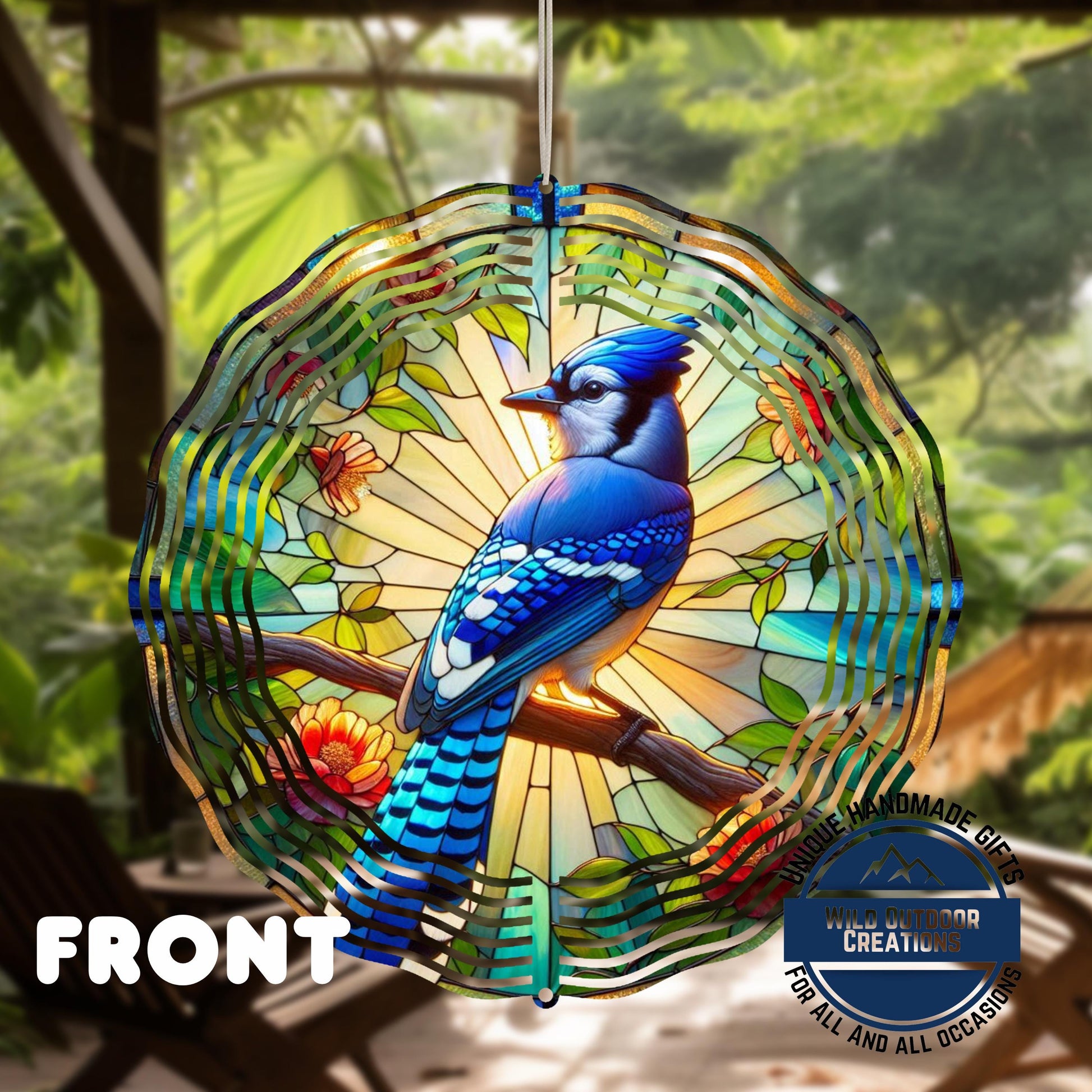 Blue Jay Wind Spinner – 10 Inch Aluminum Garden Spinner with Faux Stained Glass Decor - back side design view