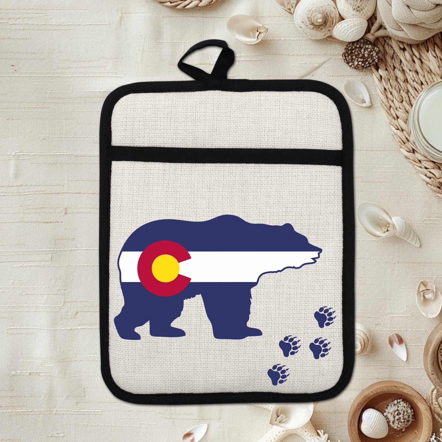 Pot Holder Oven Mitt - Colorado Bear Design | Silicone Pot Holder, Linen Fabric - product dimensions and specifications
