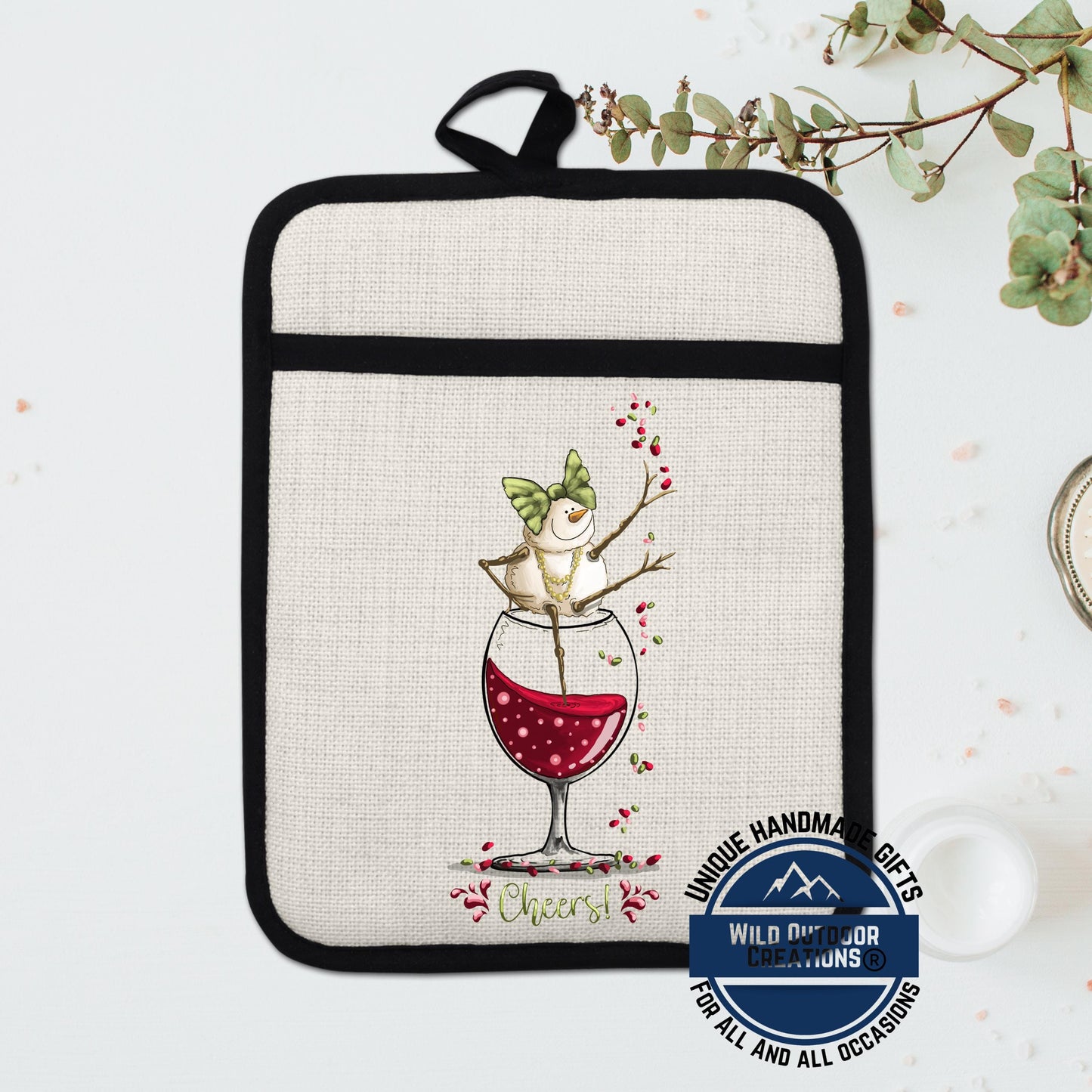 Wine Snowman Pot Holder Linen Hot Pad Cheers Kitchen Gift Wine Lover