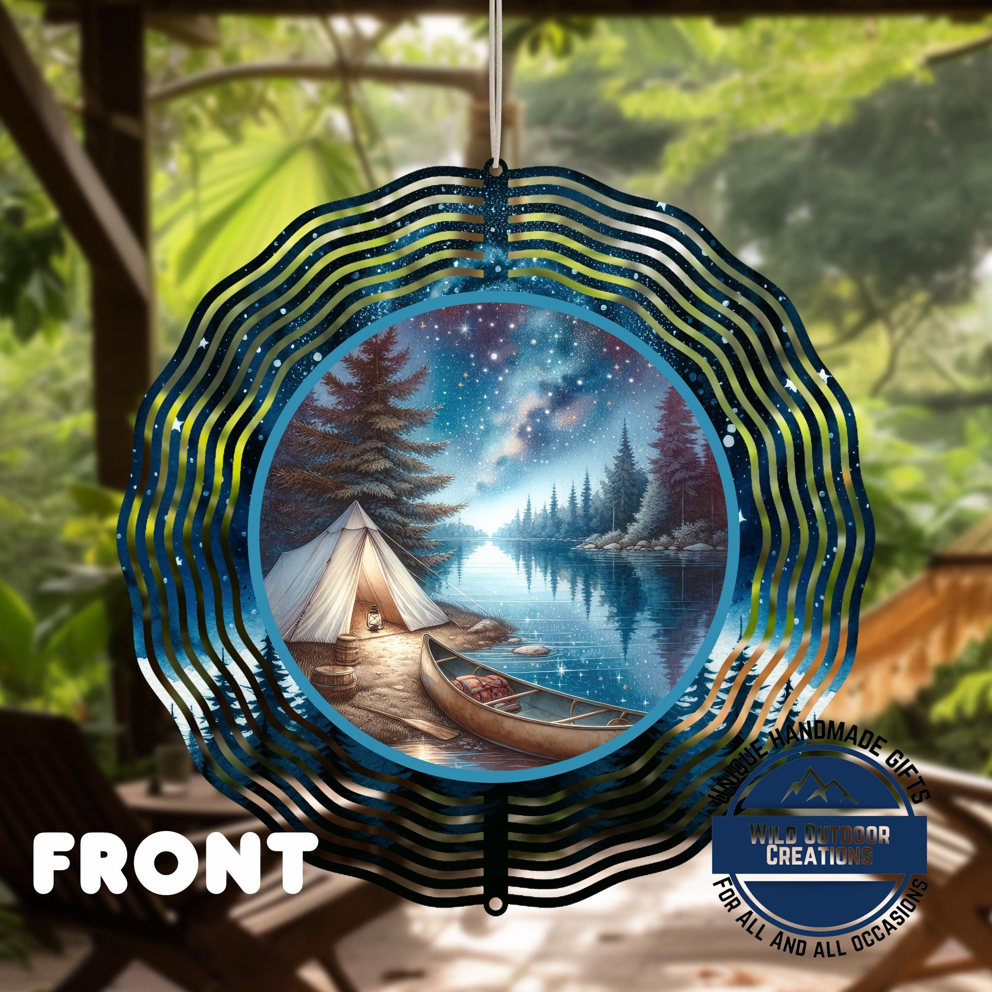 Camping Wind Spinner - Double Sided River Scene, 10 Inch Aluminum Garden Art - shown spinning in outdoor garden setting