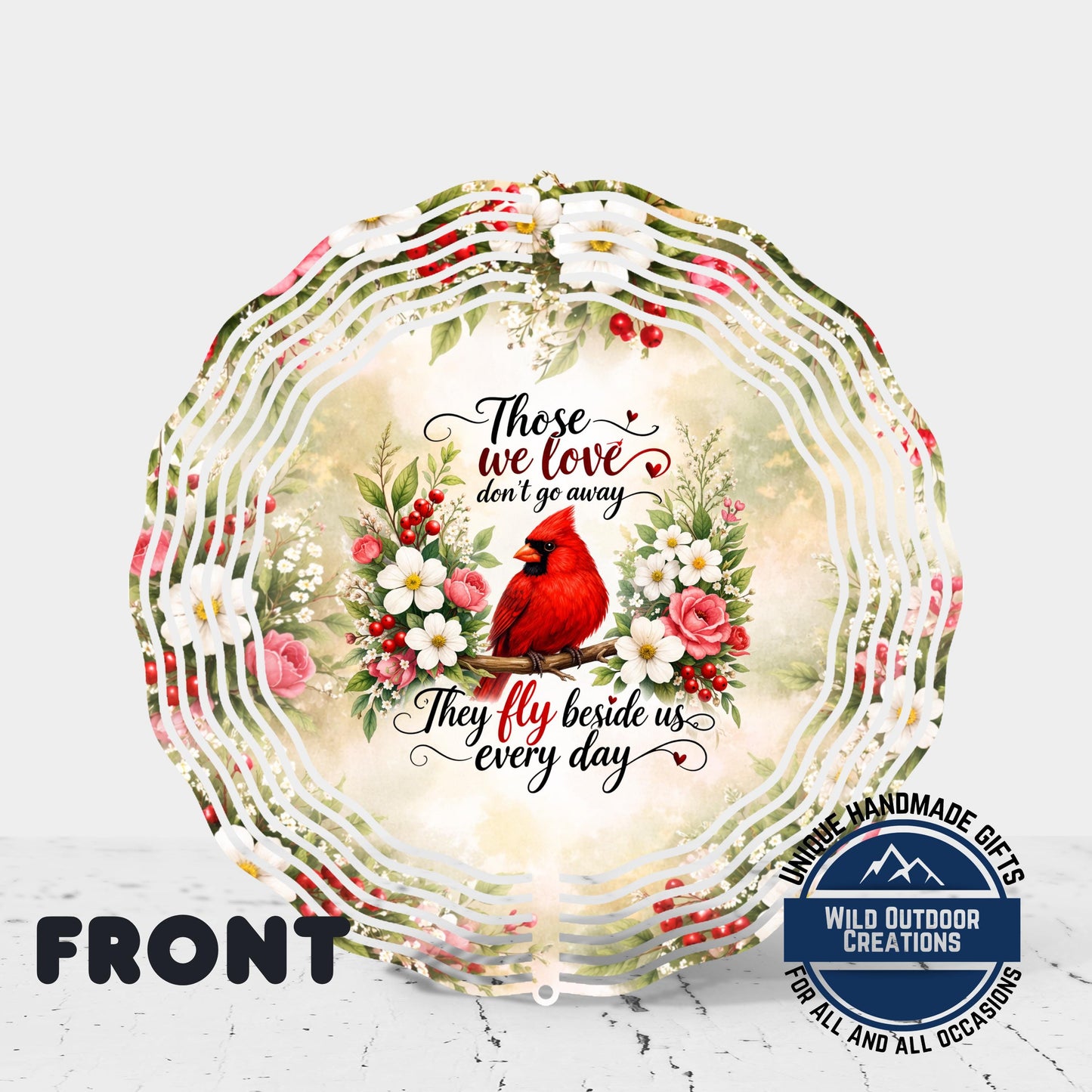 Cardinal Memorial Spinner - Vibrant Red Cardinal Garden Wind Spinner with Dogwood Flowers - full product view