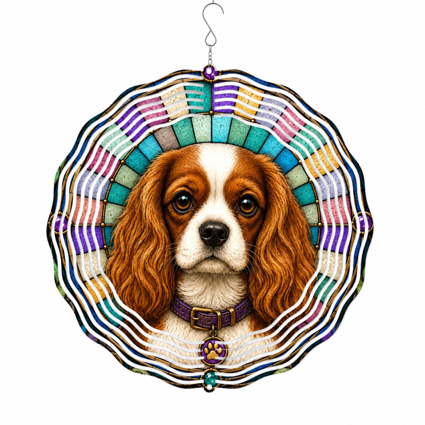 Cavalier King Charles Spaniel Wind Spinner Faux Stained Glass Dog Garden Decor Gift
