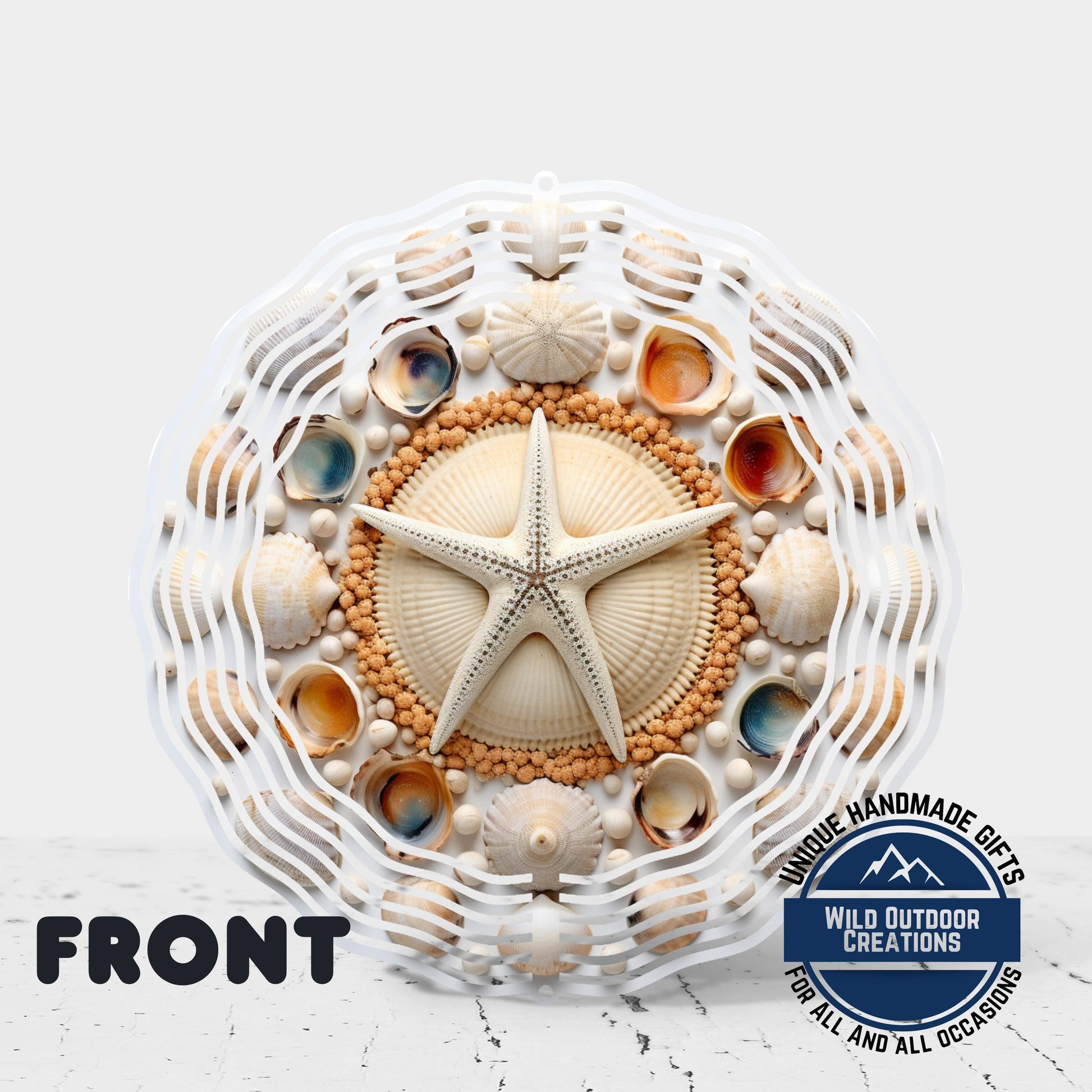Coastal Seashell Wind Spinner - Aluminum Beach Nautical Yard Art, 10 Inch - gift presentation view