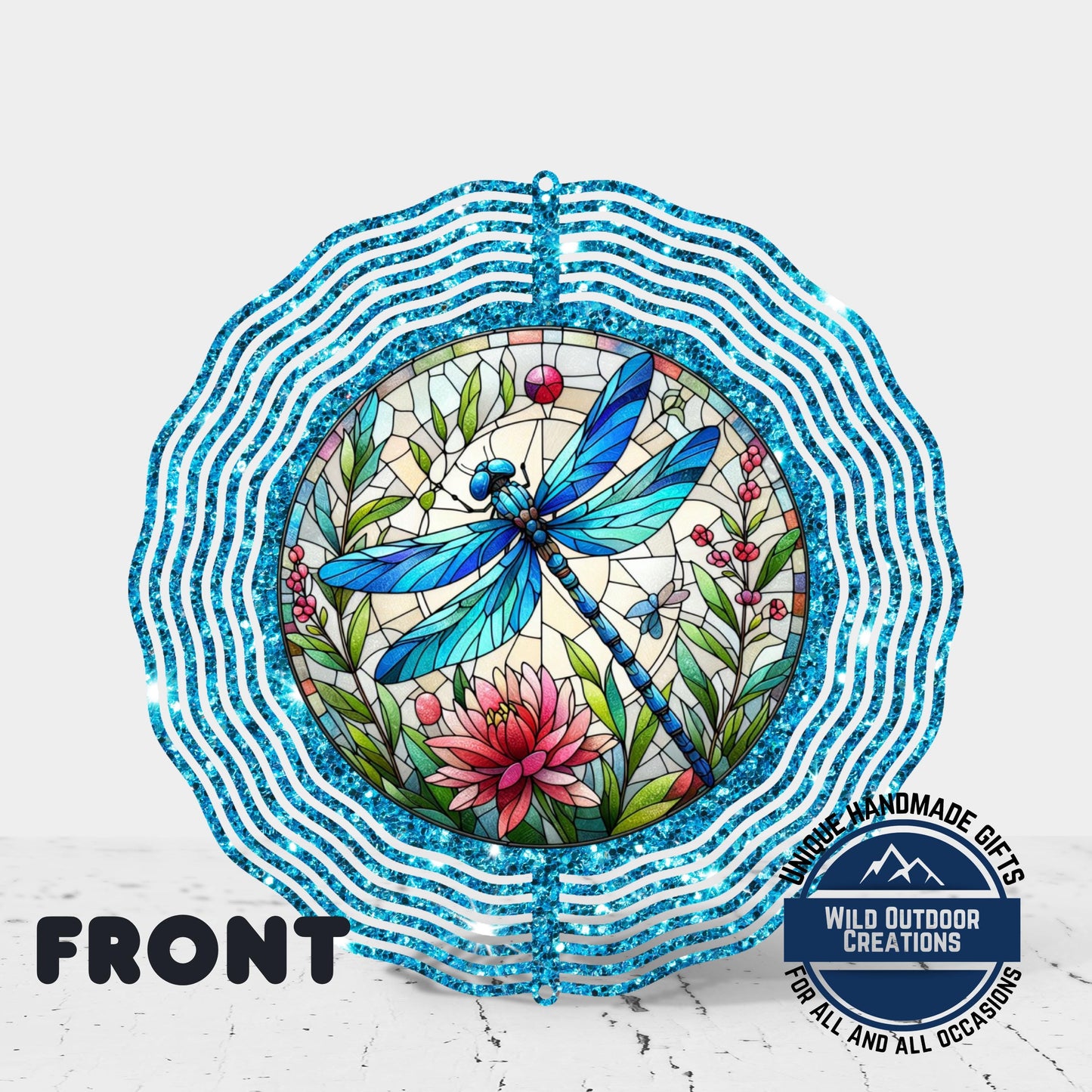 Dragonfly Wind Spinner - Vibrant Faux Glitter Stained Glass Garden Decor - additional product photo 11