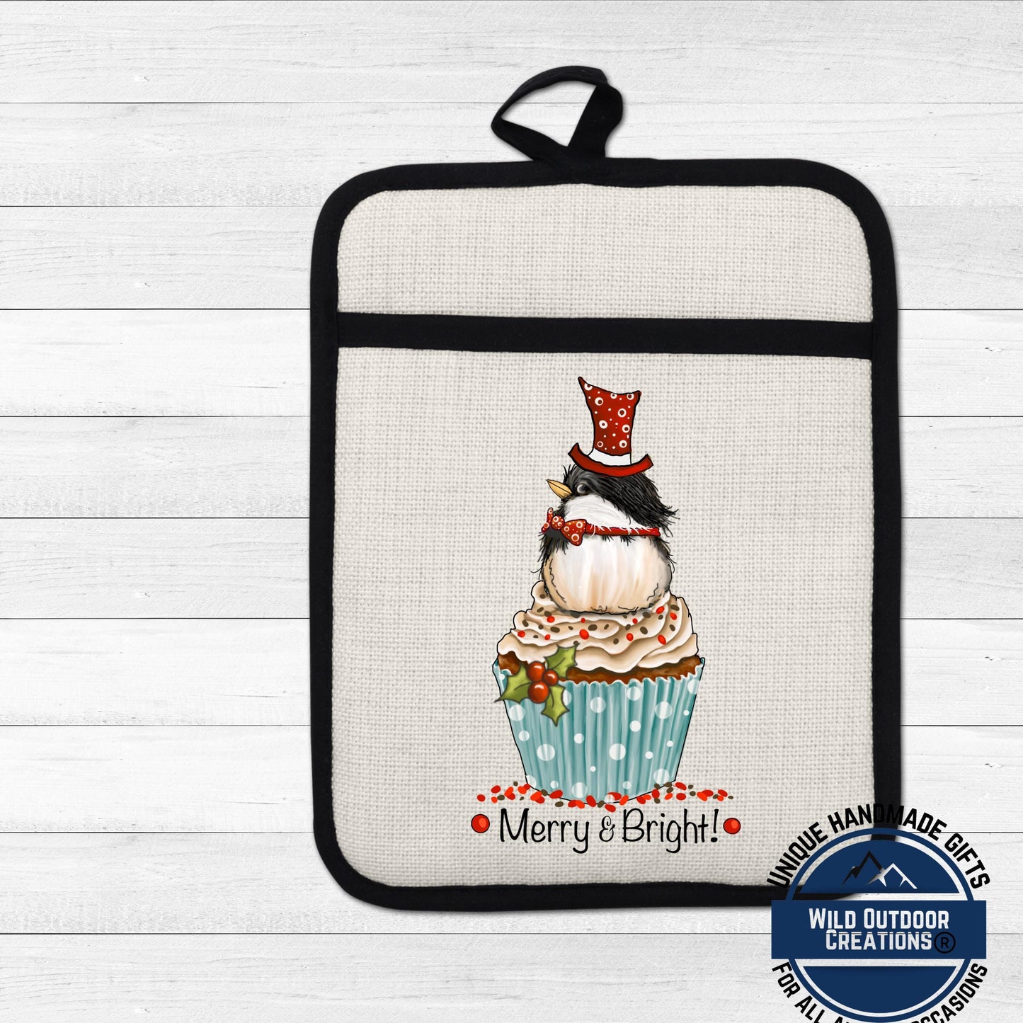 Chickadee Cupcake Pot Holder Linen Hot Pad Merry Bright Christmas Kitchen Gift