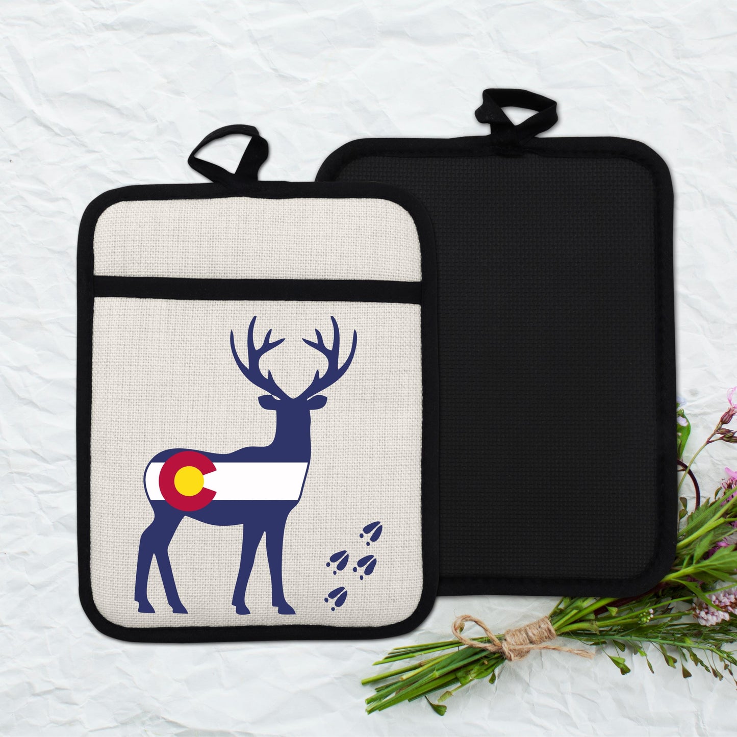 Colorado Deer Pot Holder - Linen Fabric, Silicone Back Trivet with Pocket Grip - additional product photo 13