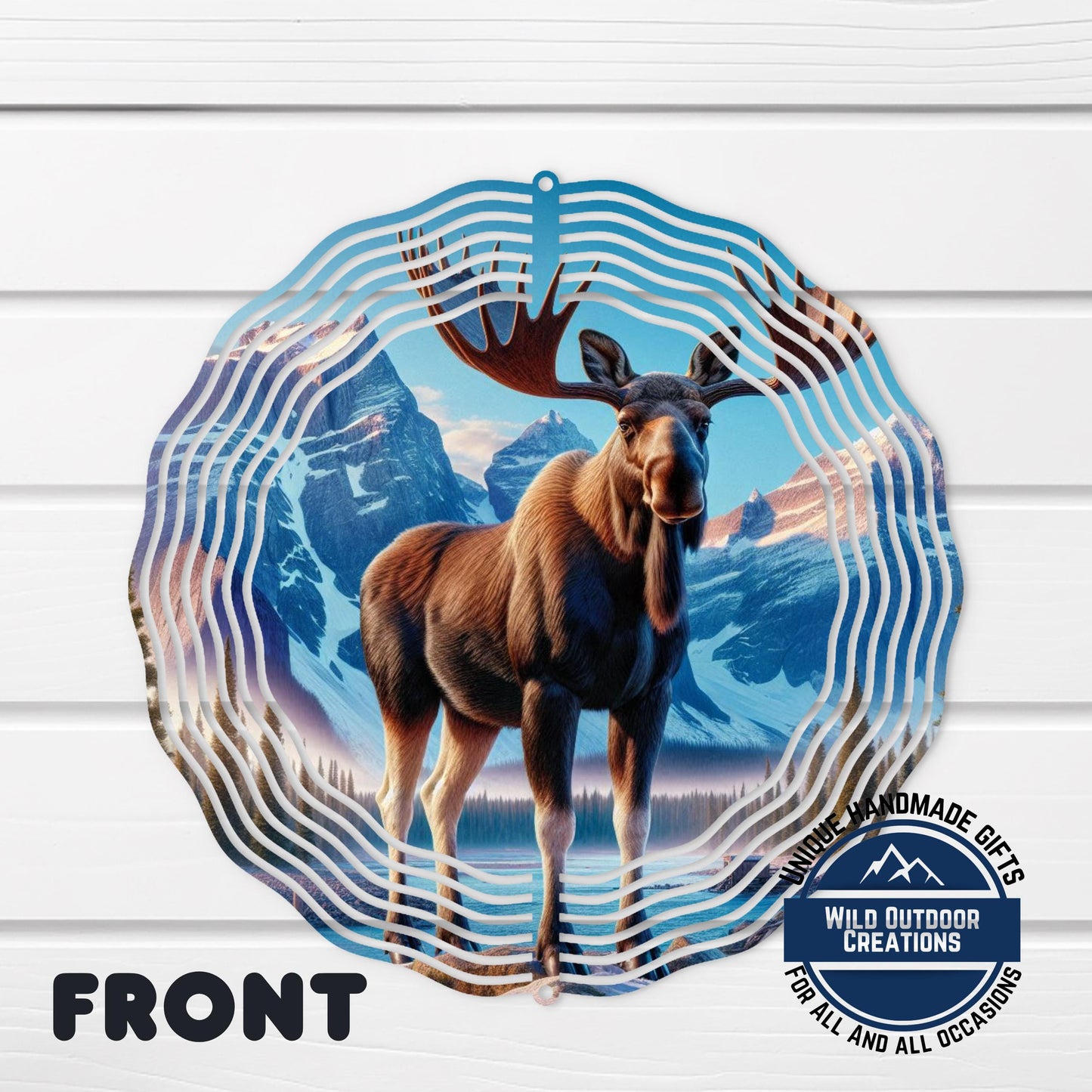 Moose Wind Spinner - 10 Inch Double-Sided Aluminum Rustic Cabin Decor - shown spinning in outdoor garden setting