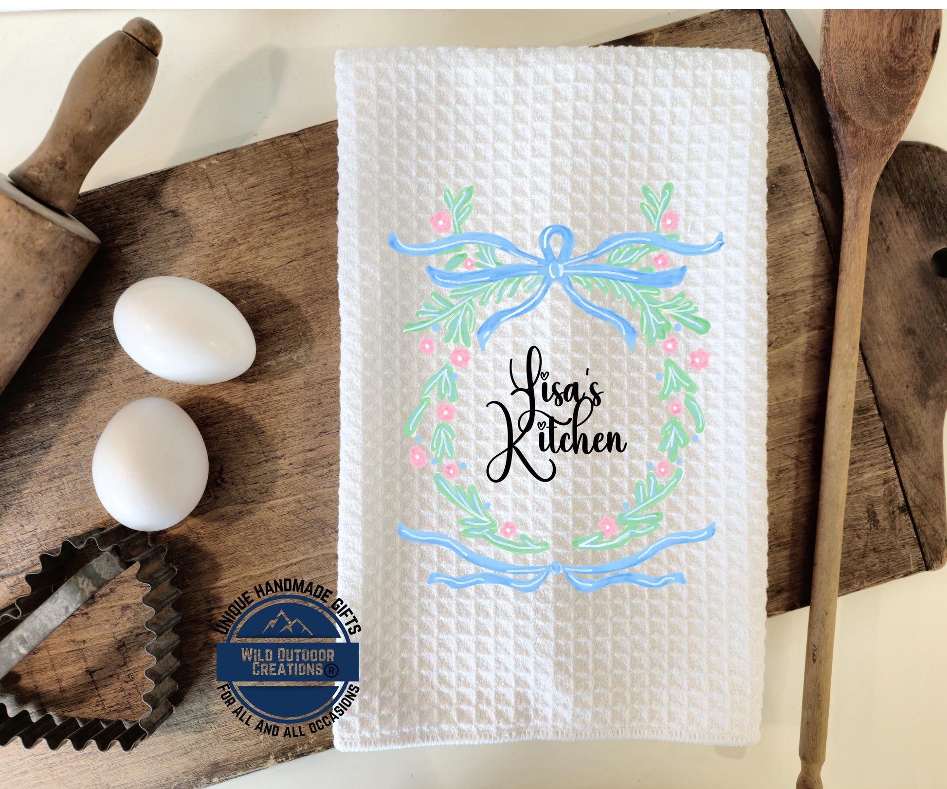 Personalized Kitchen Towel – Custom Name Floral Wreath Waffle Weave Gift - detail view