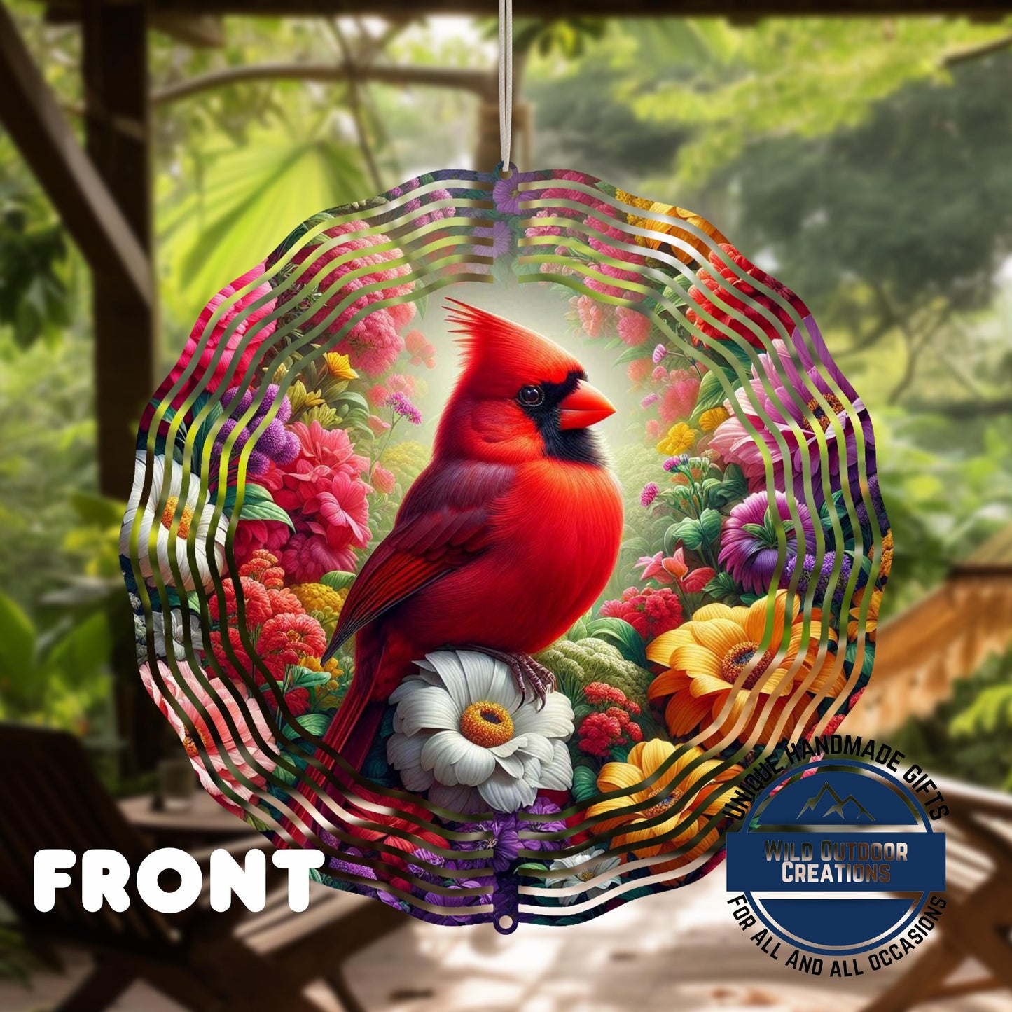 Cardinal Wind Spinner – 10 Inch Outdoor Garden Decor with Vibrant Red Bird & 360 Swivel Hook - back side design view