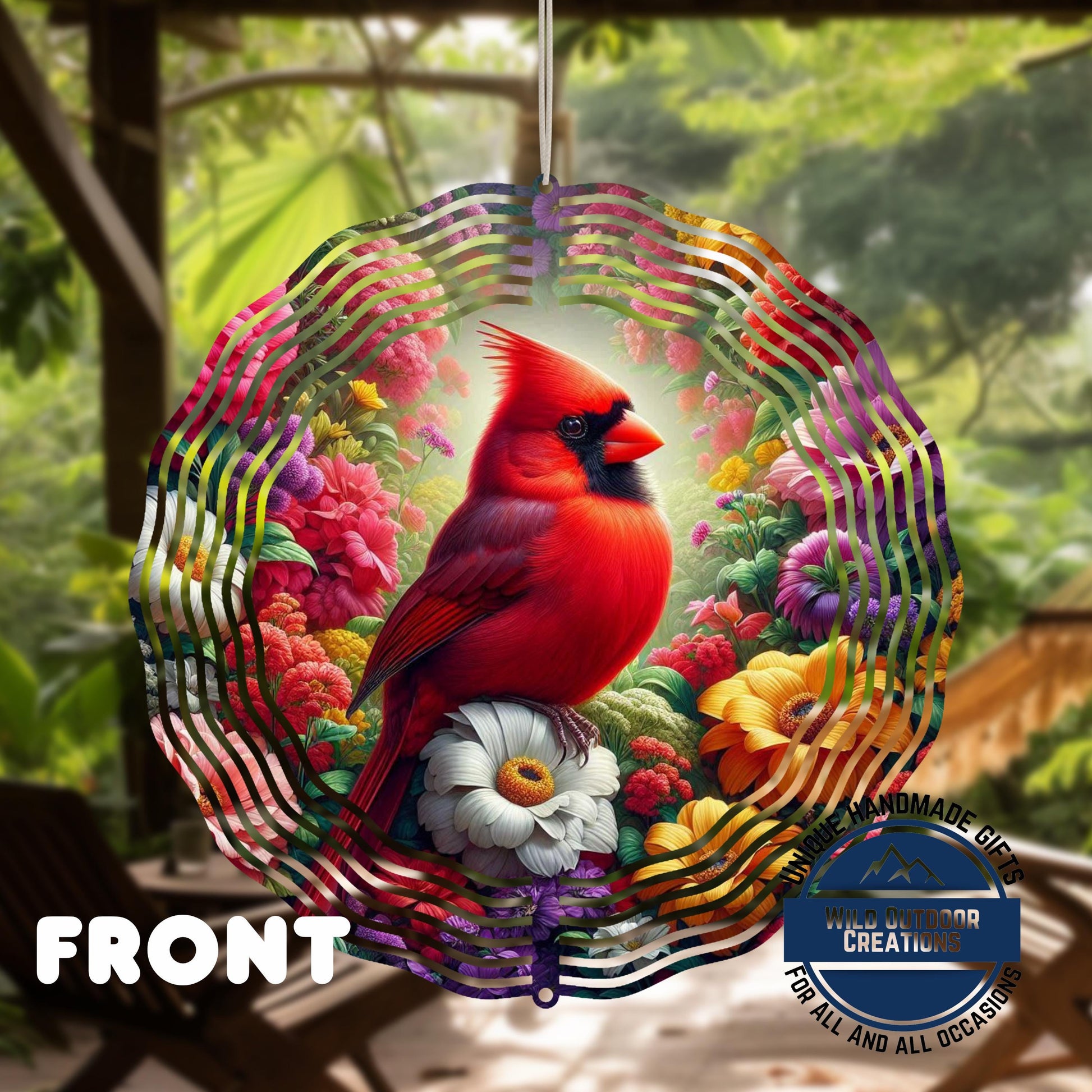 Cardinal Wind Spinner – 10 Inch Outdoor Garden Decor with Vibrant Red Bird & 360 Swivel Hook - back side design view