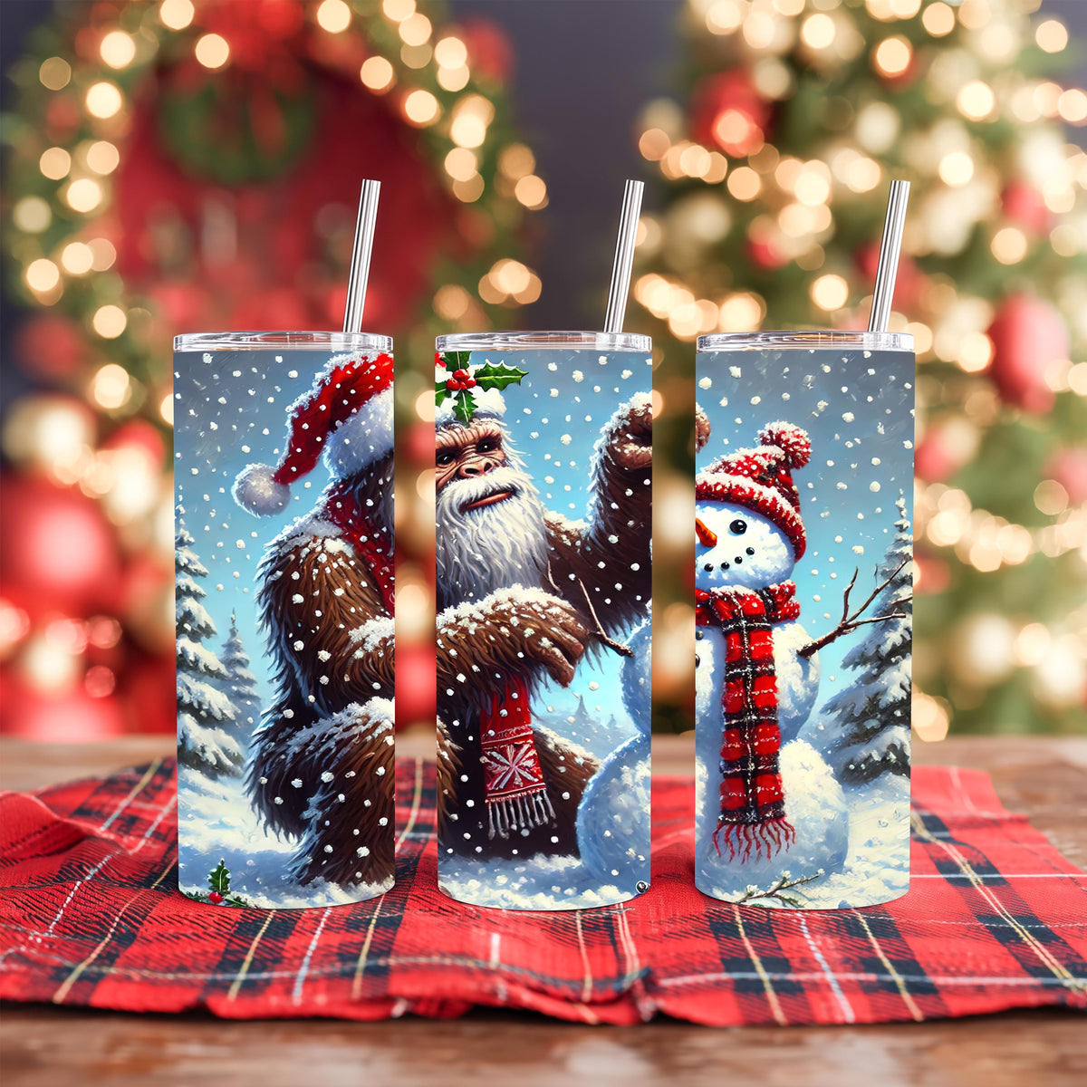 Bigfoot Tumbler, Sasquatch Santa Hat Scene, 20 Oz Skinny Wrap