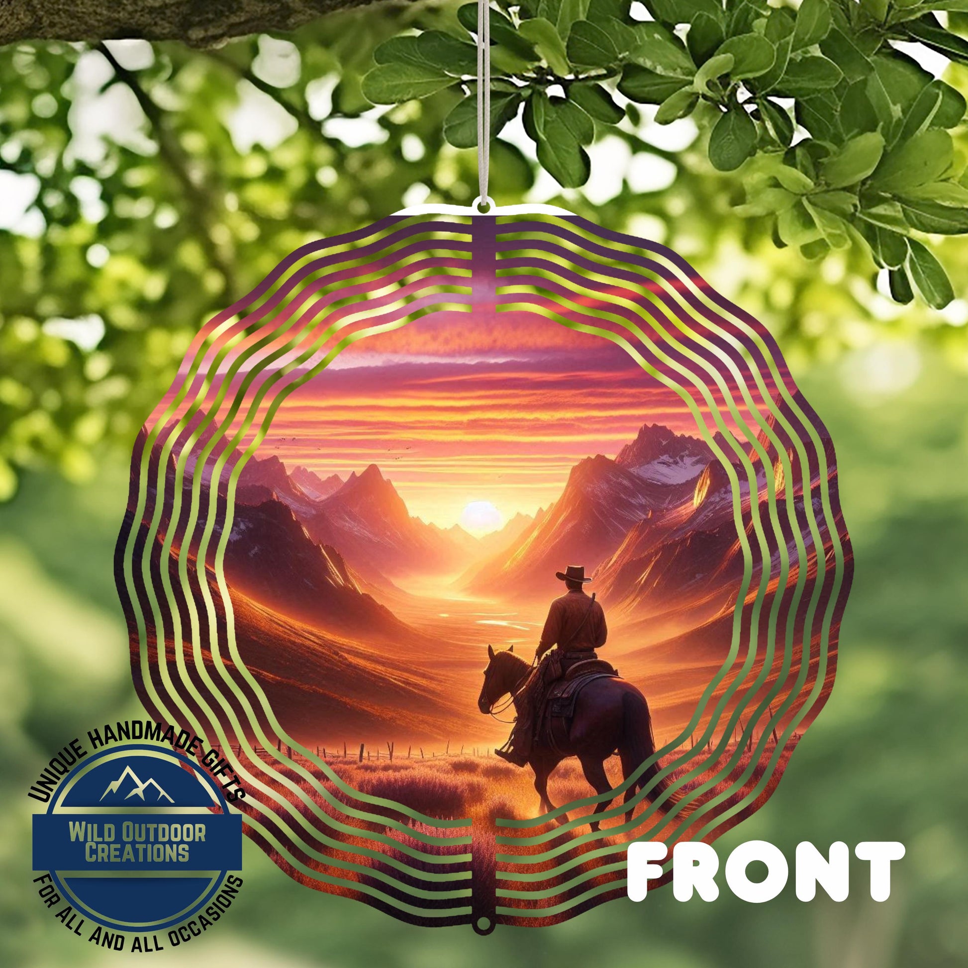 Cowboy Wind Spinner – Horse Sunset Scene | Outdoor Ranch Decor, 10 Inch - additional angle