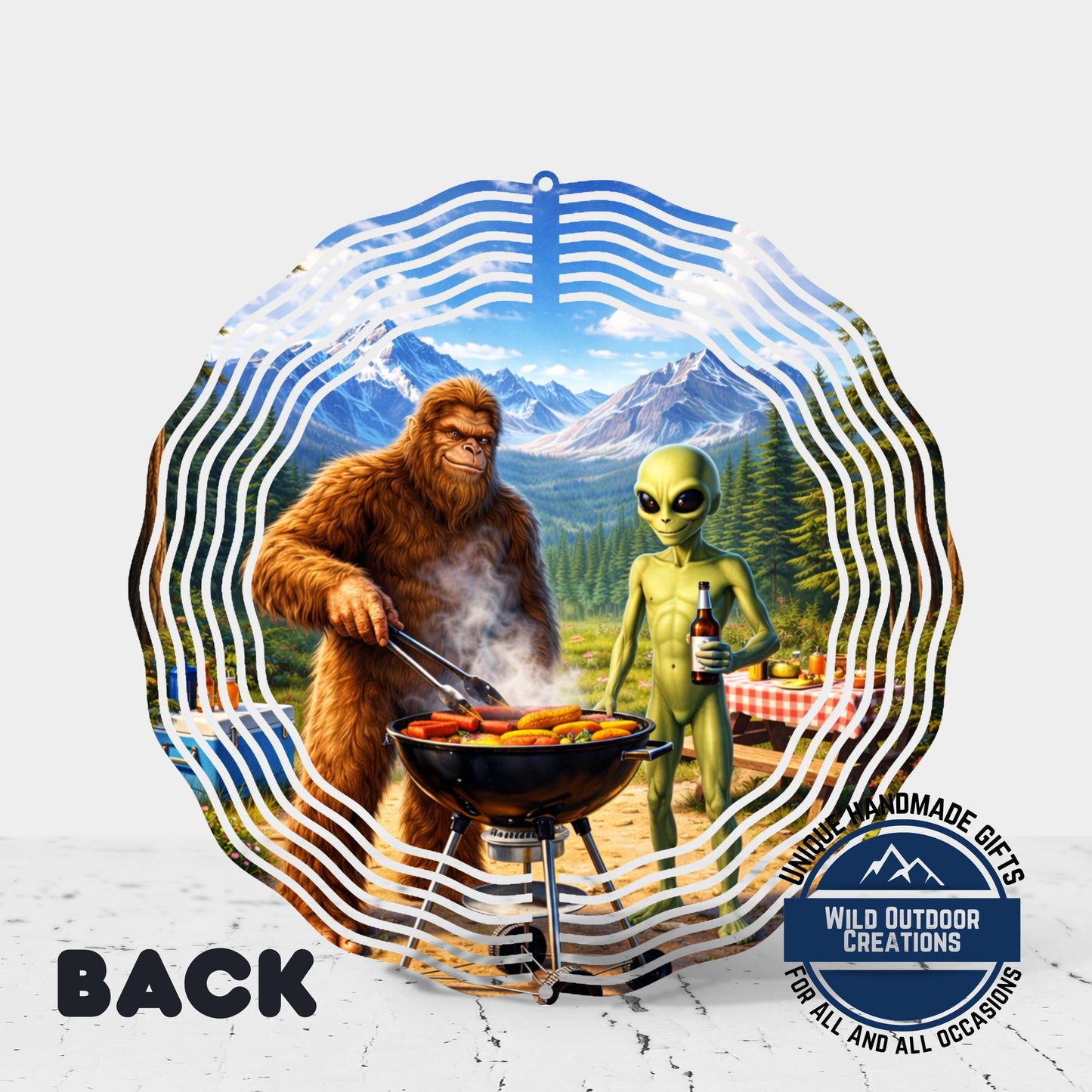 A collage of two images depicting a large brown gorilla cooking on a grill and a green alien holding a bottle, set against a mountainous landscape.