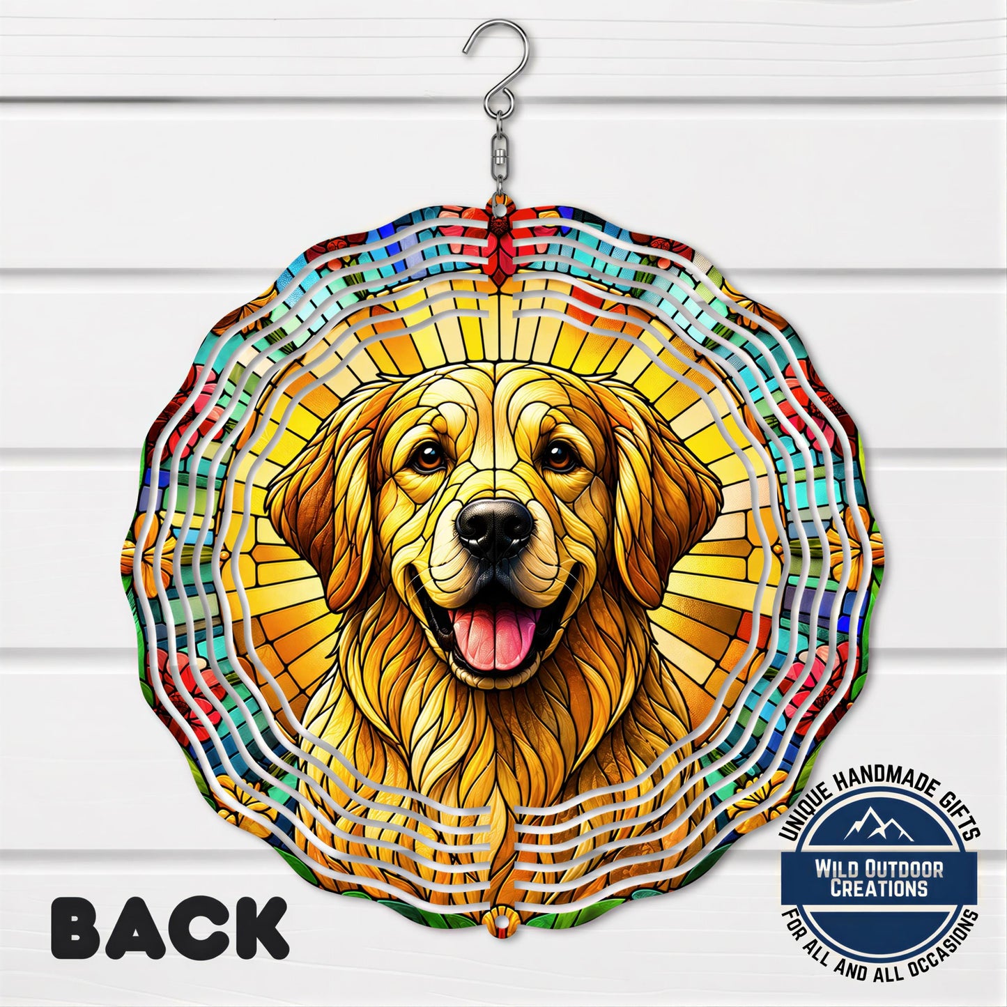Golden Retriever Wind Spinner - 10 Inch Spiral Faux Stained Glass Garden Decor