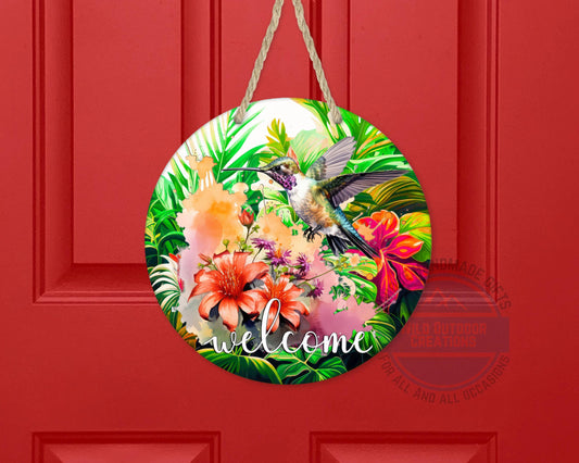 Tropical Door Hanger – Floral Welcome Sign with Colorful Hummingbird Decor
