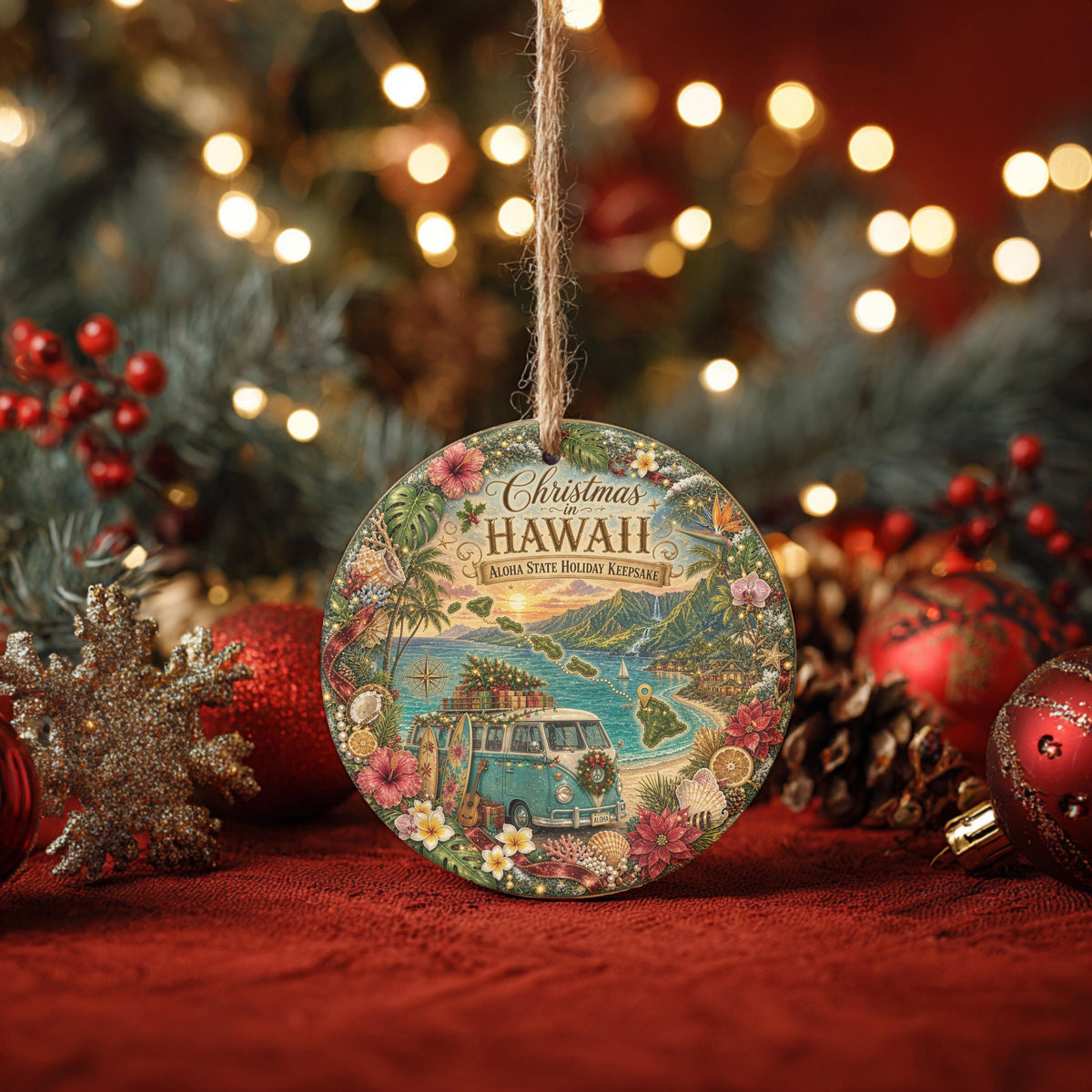 Hawaii Ornament, Vintage Van Aloha State Keepsake, 3 Inch Ceramic