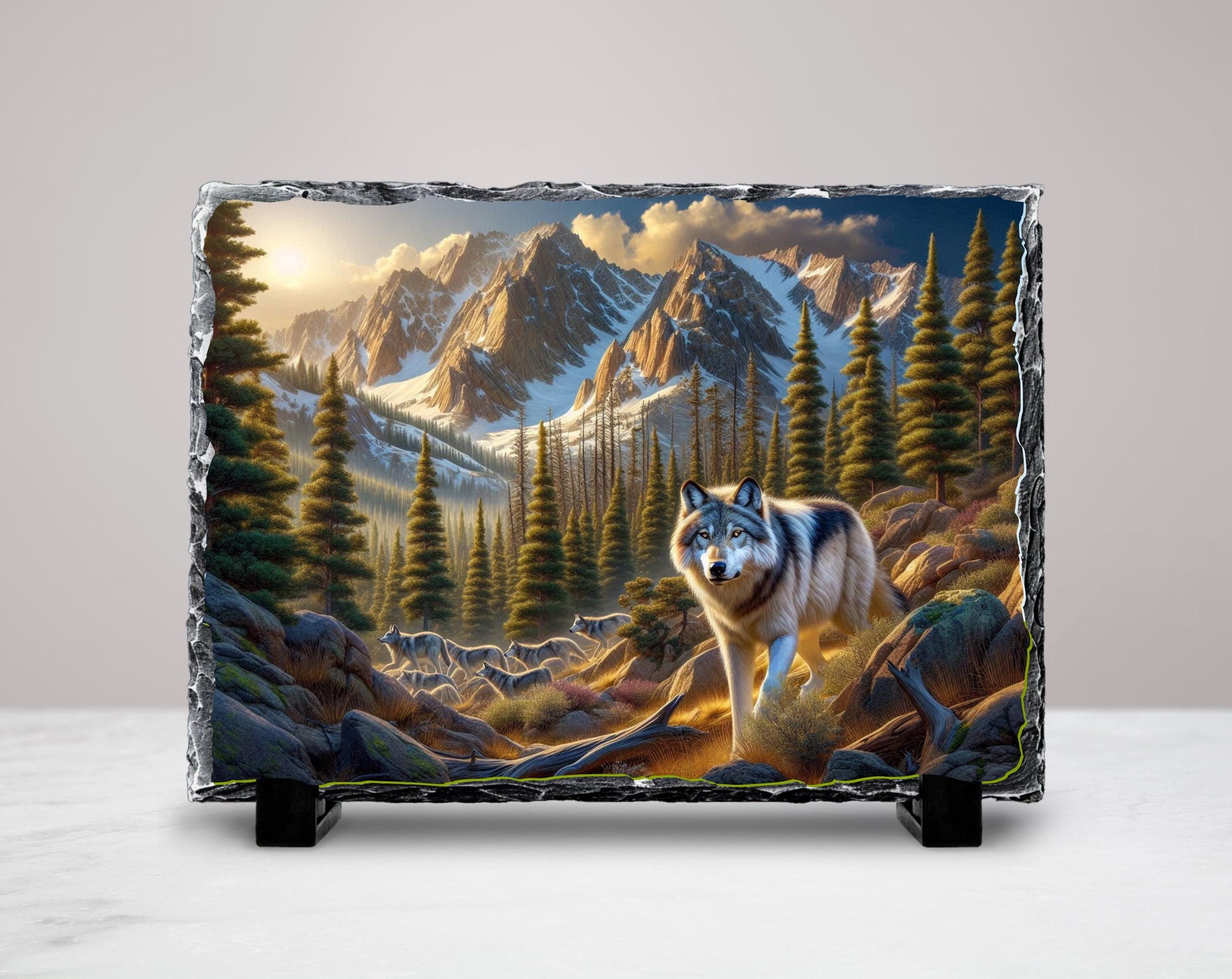 Wolf Stone Plaque - Rustic Slate Artwork | Wildlife Wall Art Gift - detail view