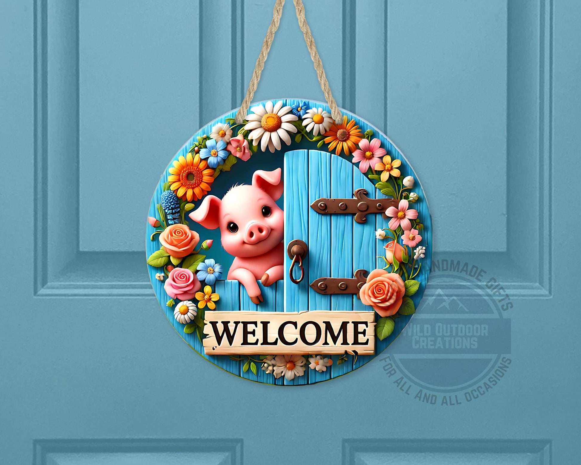 Pig Door Hanger – Farmhouse Welcome Sign | Floral Blue Wood Aluminum Decor - product dimensions and specifications