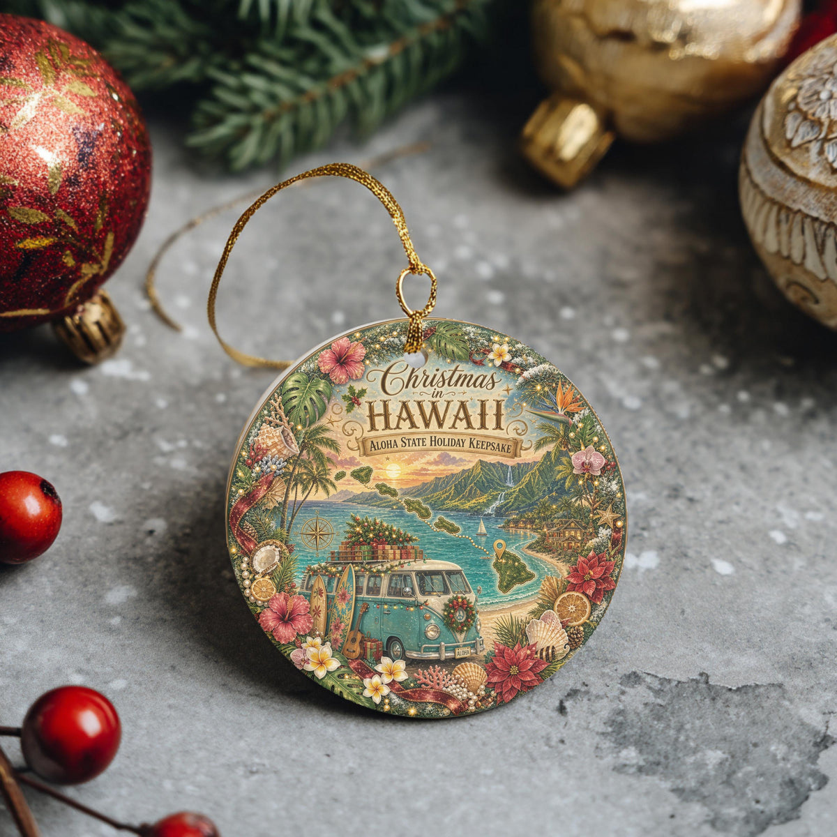 Hawaii Ornament, Vintage Van Aloha State Keepsake, 3 Inch Ceramic