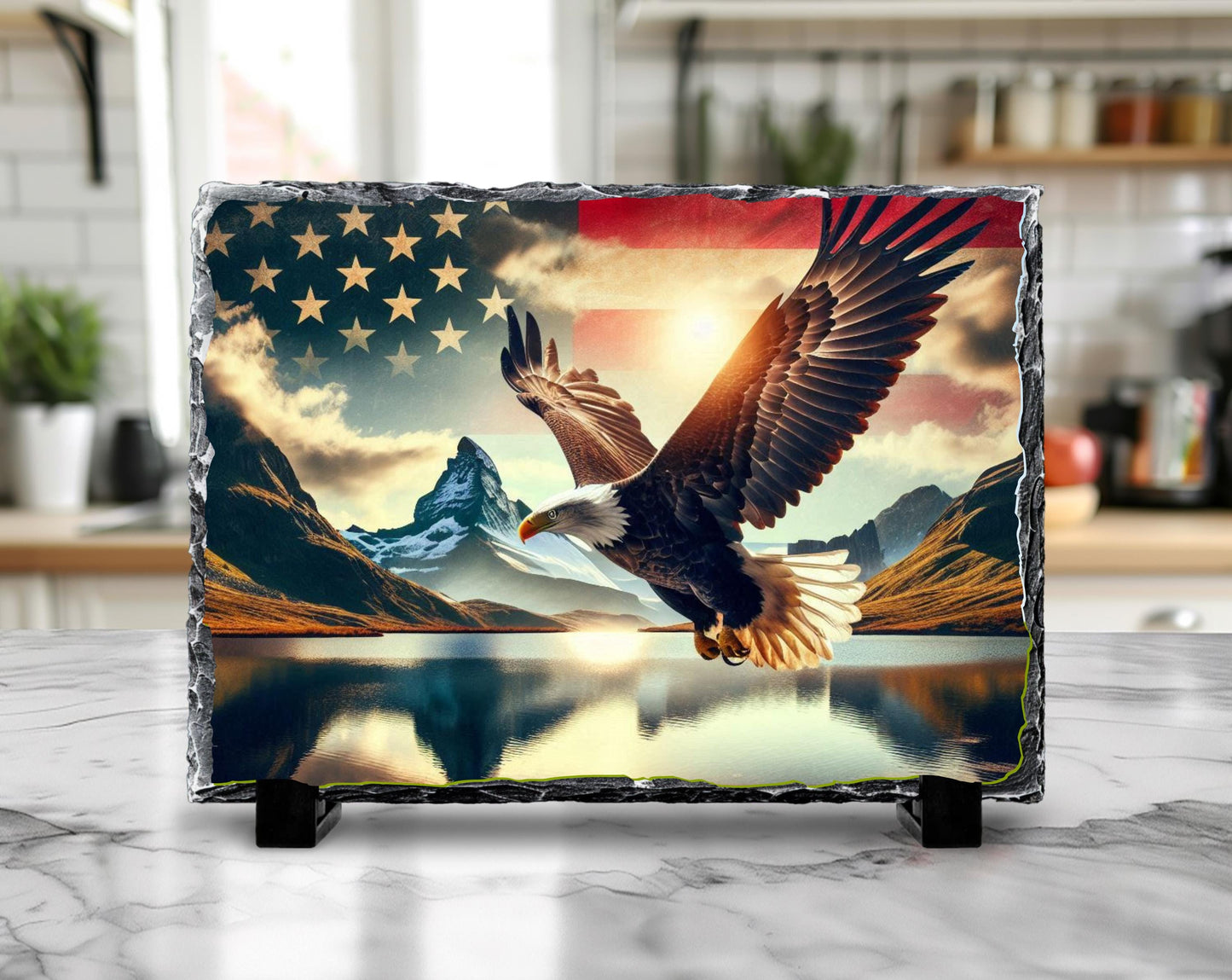 Patriotic Slate Sign - Bald Eagle Decor With American Flag Art & Mountain Lake - displayed in garden
