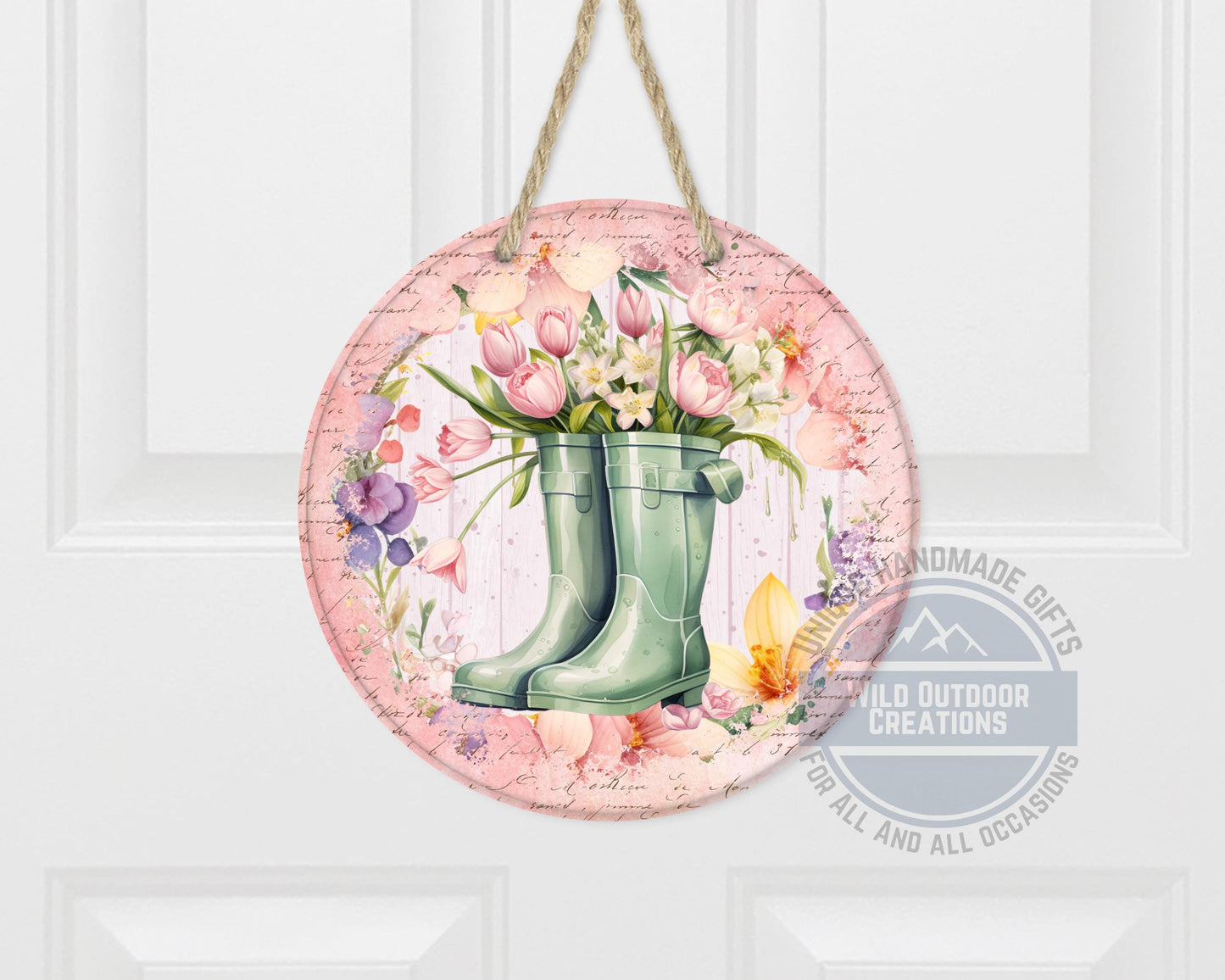 Spring Garden Boots - Pink Tulip Floral Door Hanger | Rustic Farmhouse Charm - scale and size reference