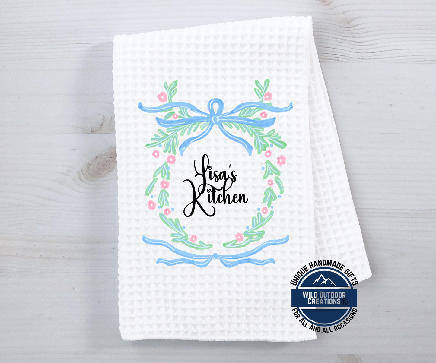 Personalized Kitchen Towel – Custom Name Floral Wreath Waffle Weave Gift - gift presentation view
