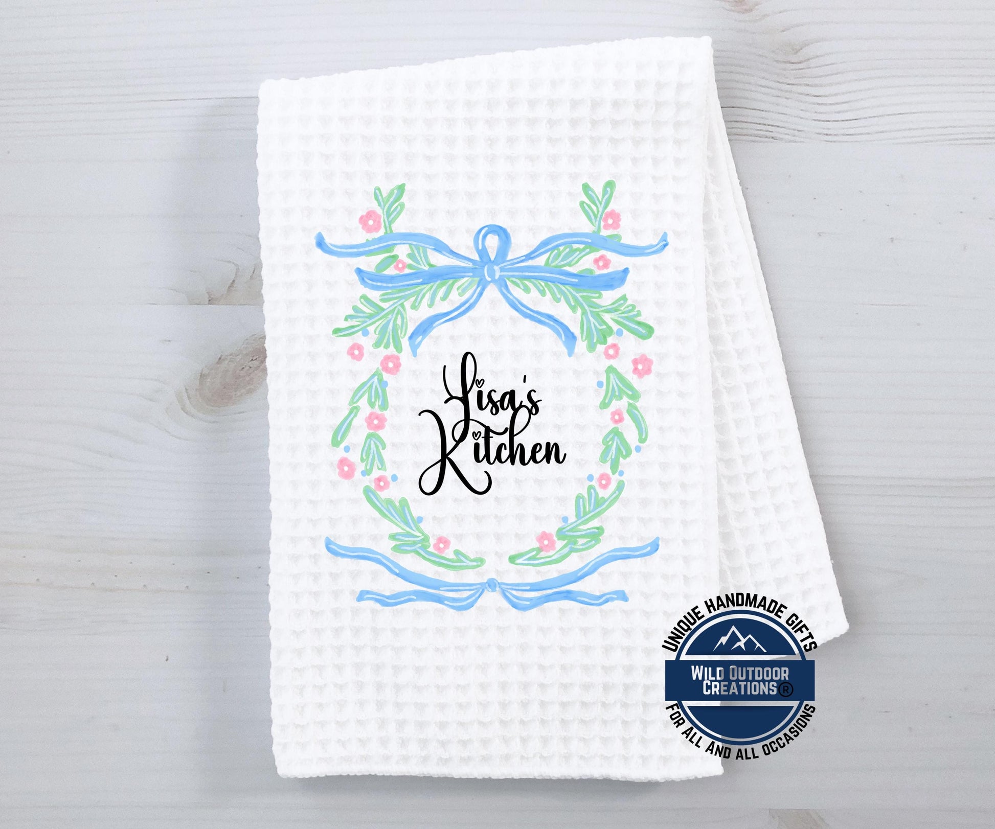 Personalized Kitchen Towel – Custom Name Floral Wreath Waffle Weave Gift - gift presentation view