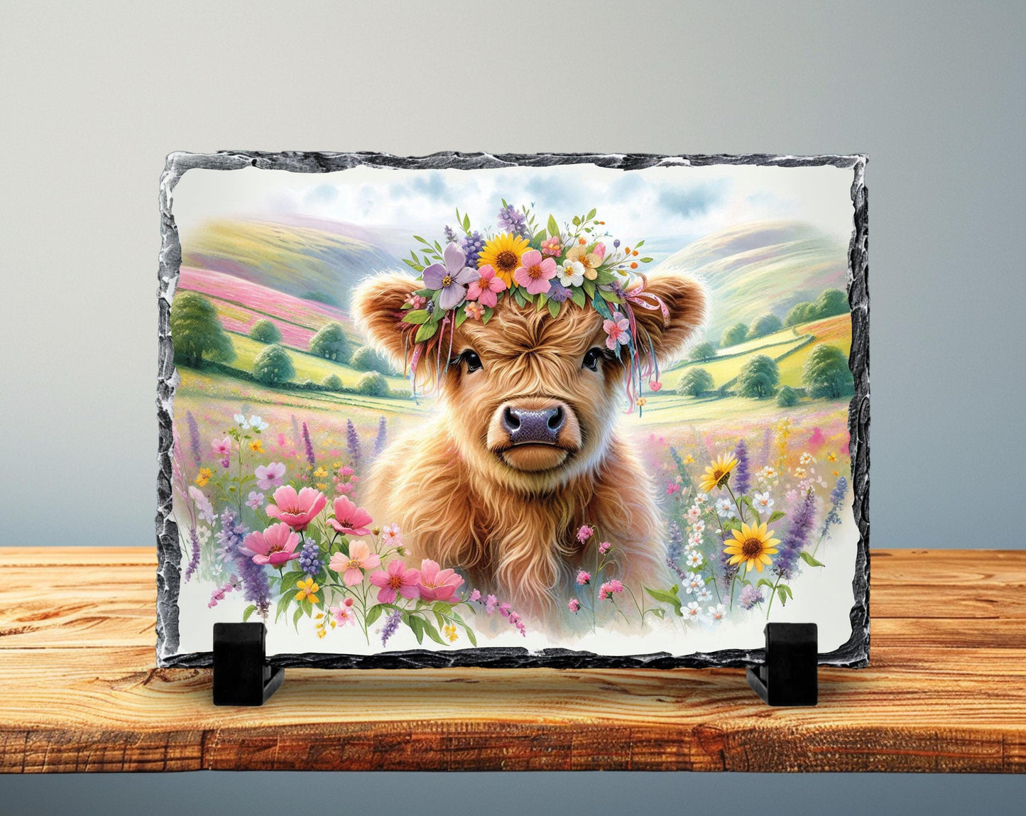 Highland Cow Slate Sign – Rustic Slate Plaque with Baby Calf Floral Headband - gift presentation view