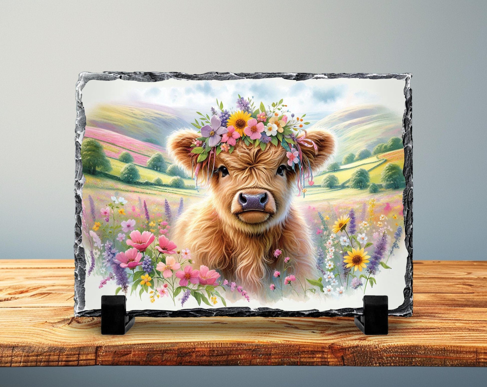 Highland Cow Slate Sign – Rustic Slate Plaque with Baby Calf Floral Headband - gift presentation view