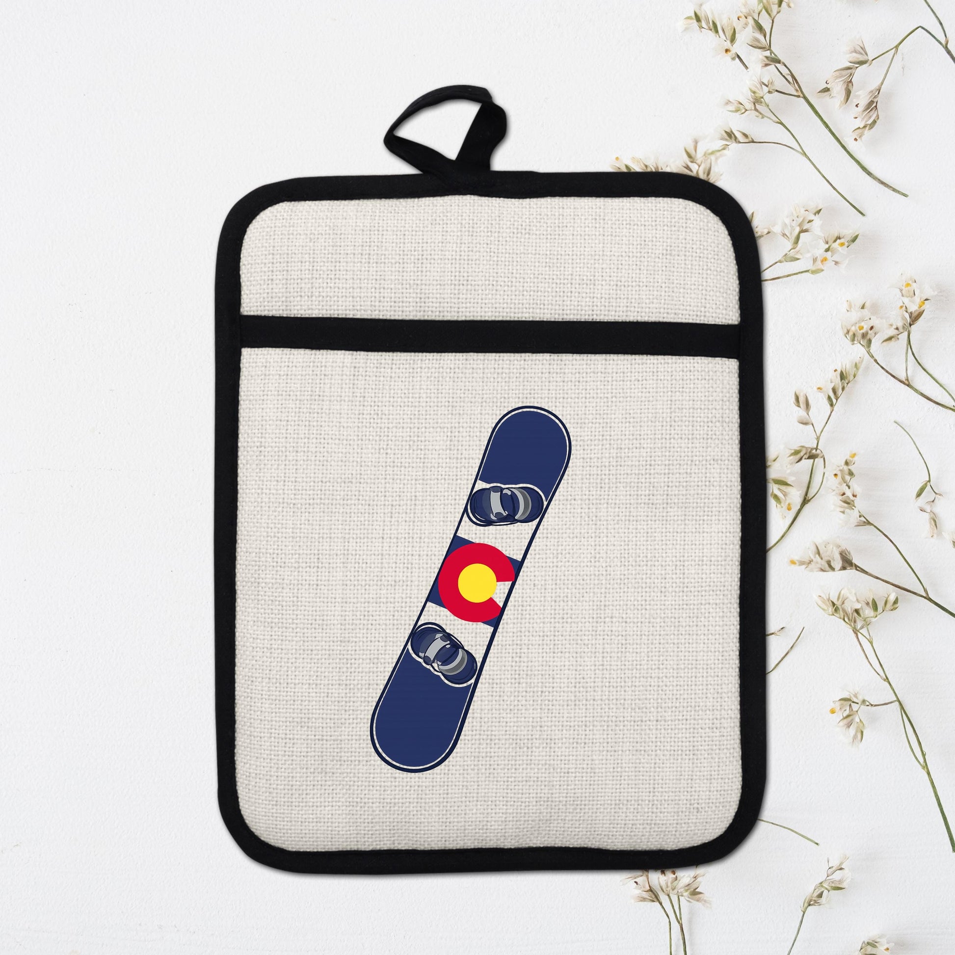 Snowboard Pot Holder - Colorado Flag Design | Linen Fabric & Silicone Backing Pad Trivet - additional product photo 16