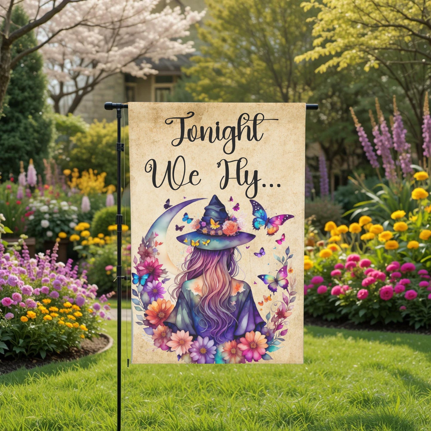 Witch Garden Flag – Floral Butterfly Moon | Boho Halloween Yard Decor 12x18 - front and back