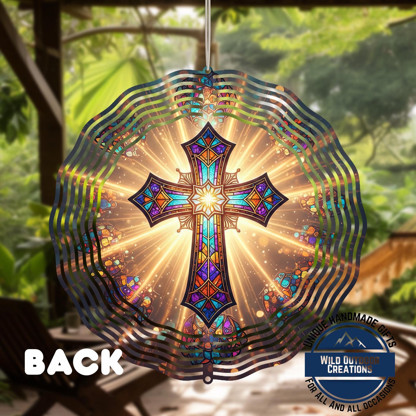 Faux Stained Glass Cross - Double Sided Spinner | Outdoor Wind Spinner with UV Protected Colors - product dimensions and s...