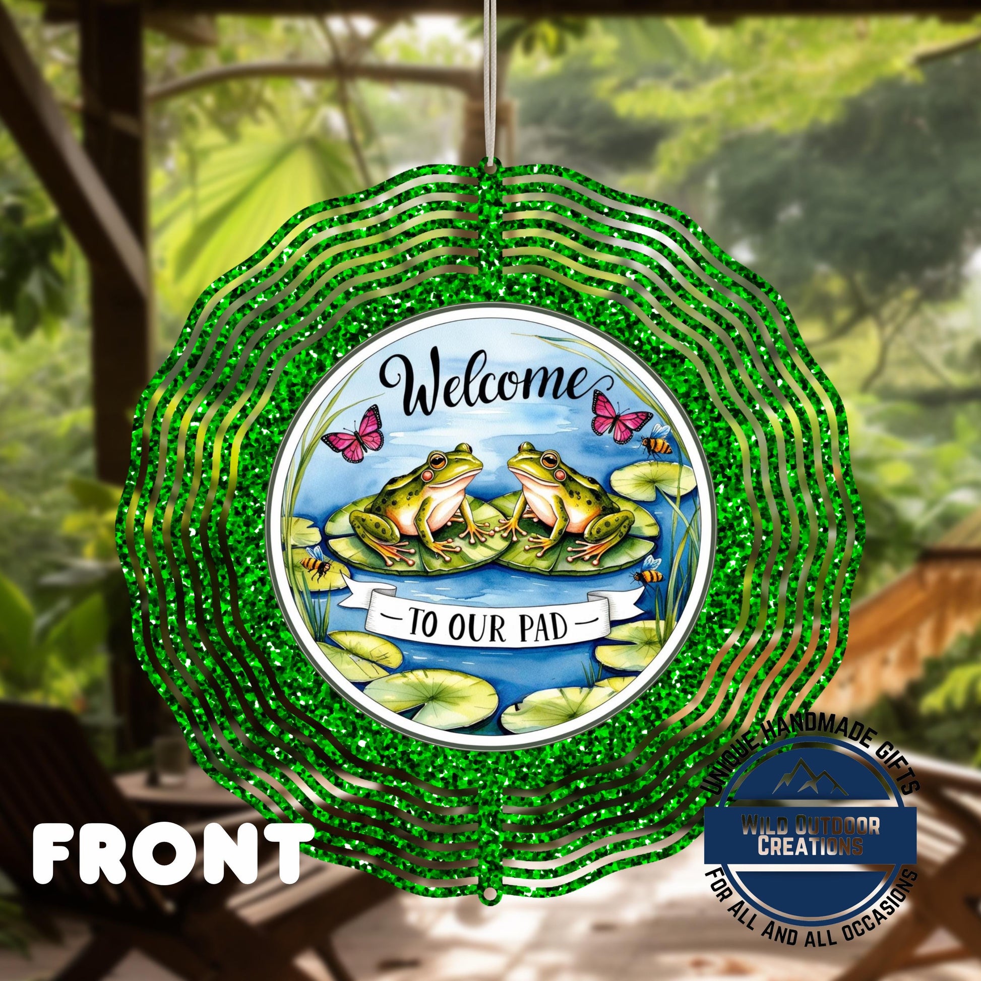 Frog Garden Spinner - Outdoor Garden Decor with Blue Green Glitter & UV Protection - gift presentation view
