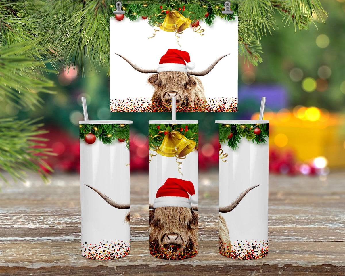 Christmas Cow Travel Mug, Highland Cow, 20Oz Stainless Straw Lid