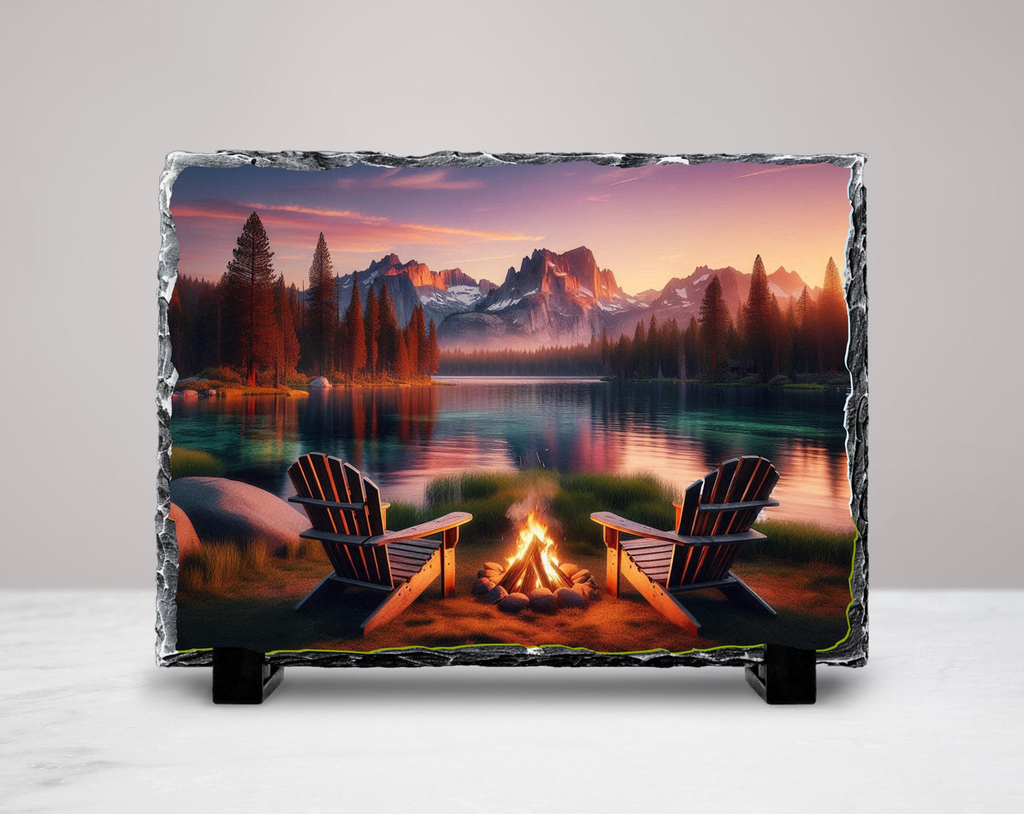 Lake House Decor Rustic Cabin Slate Art - Mountain Campfire Scene Plaque - detail view