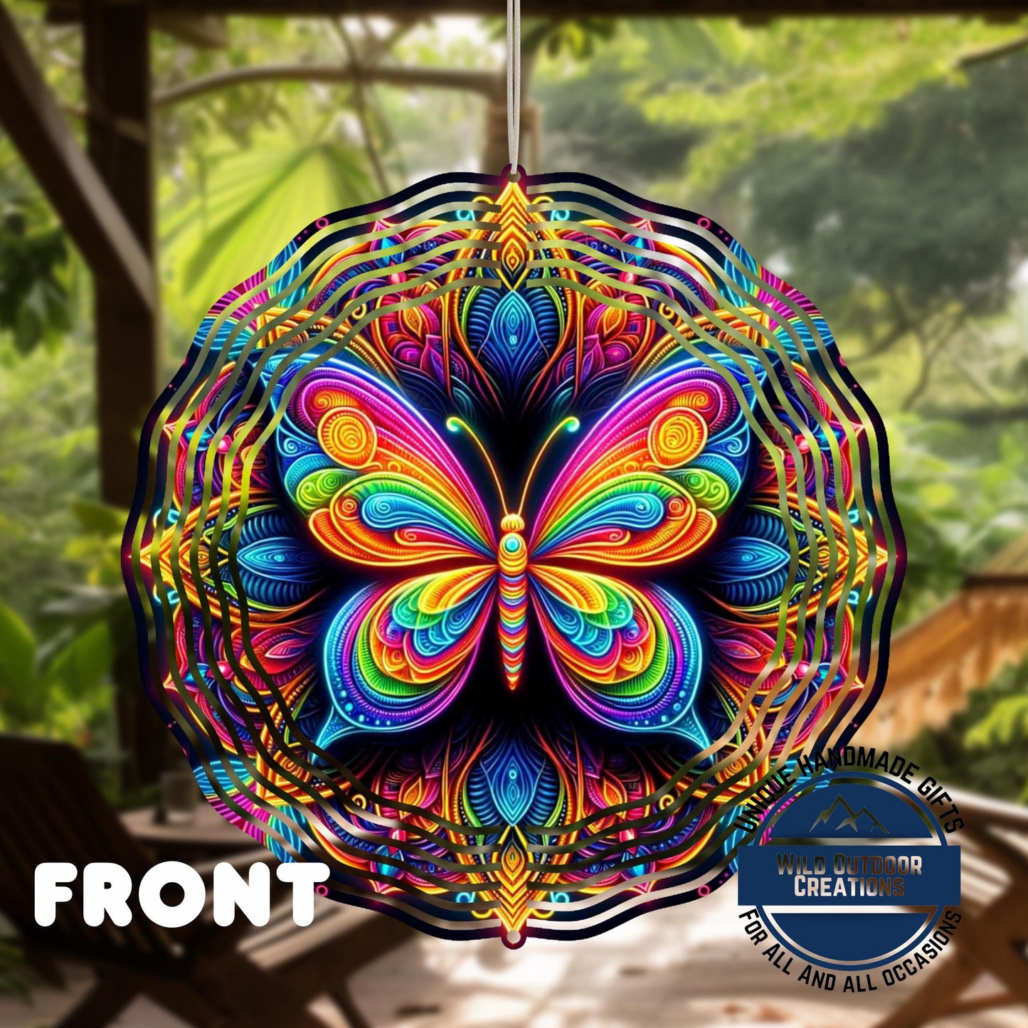 Butterfly Wind Spinner - Neon Rainbow Outdoor Garden Decor with 360° Swivel Hook - back side design view