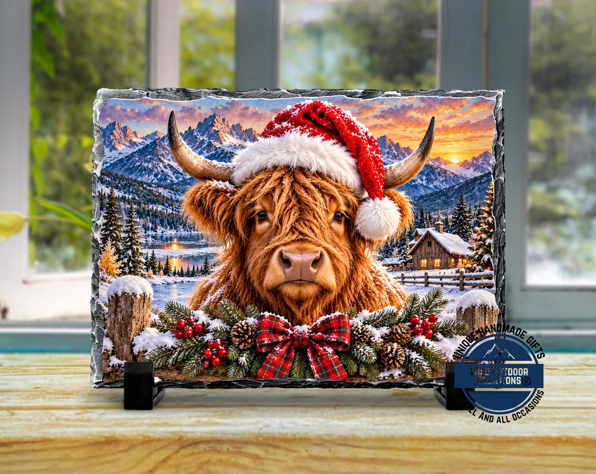 Highland Cow Christmas Slate Plaque, Rustic Farmhouse Holiday Decor, Cow Lover Gift